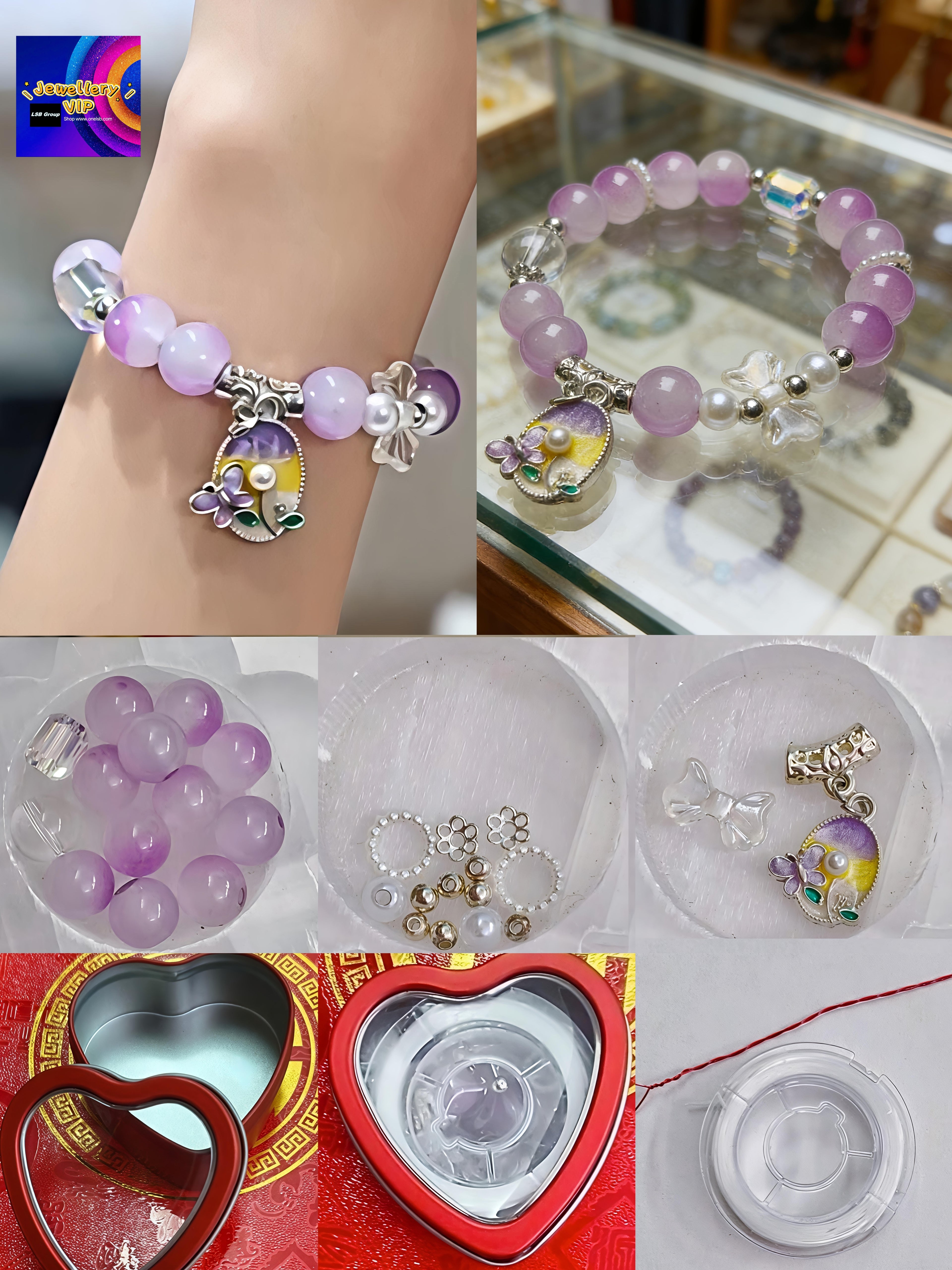 DIYS02 PREMIUM Lavender Love Flower  Dream Glass Beads Charm Ready Made Elastic Bracelet DIY Set