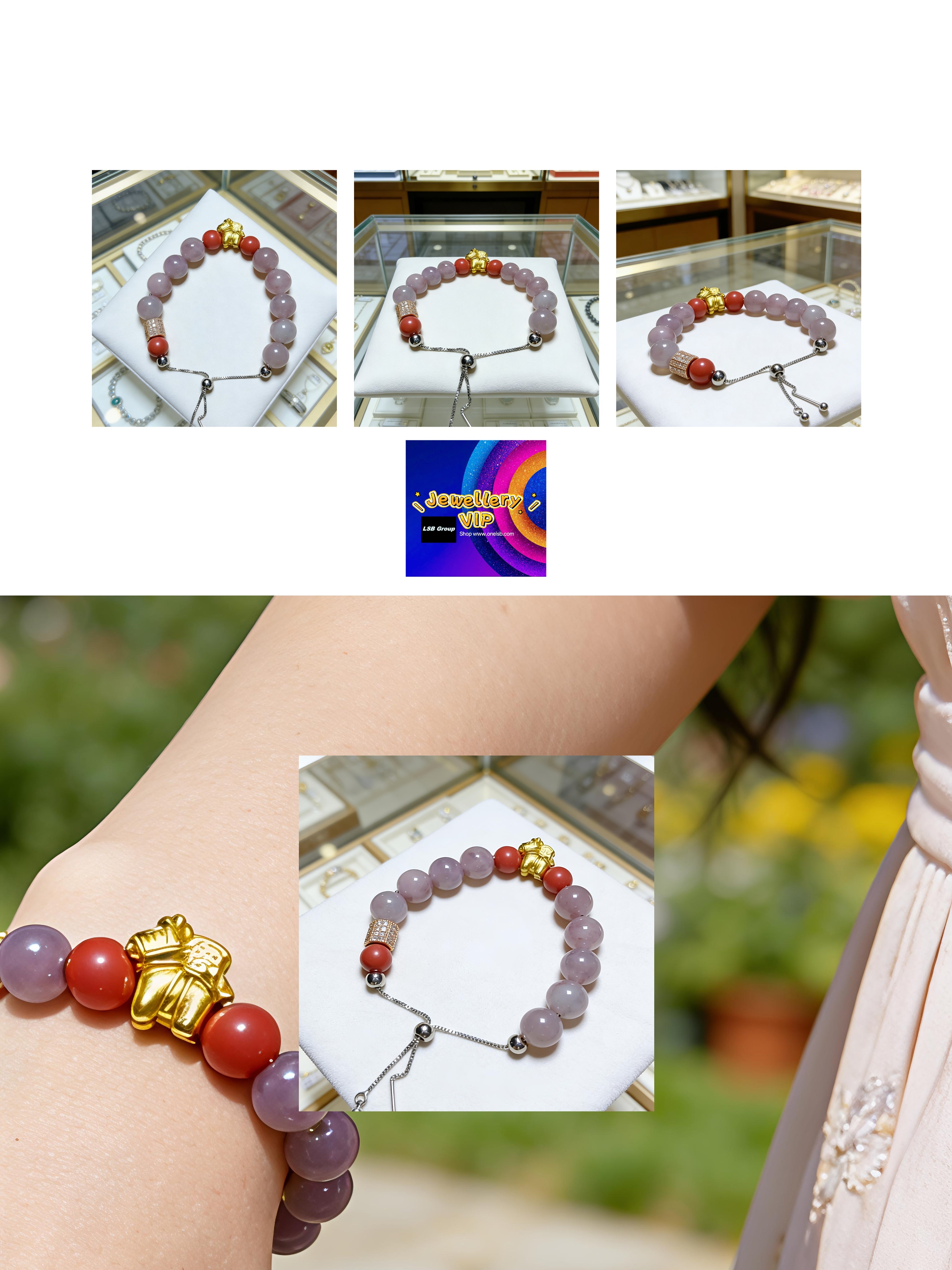 PNB01 PREMIUM Purple Strawberry Quartz & Cinnabar with Gold Sand Horse Charm Designer Adjustable Chain Bracelet
