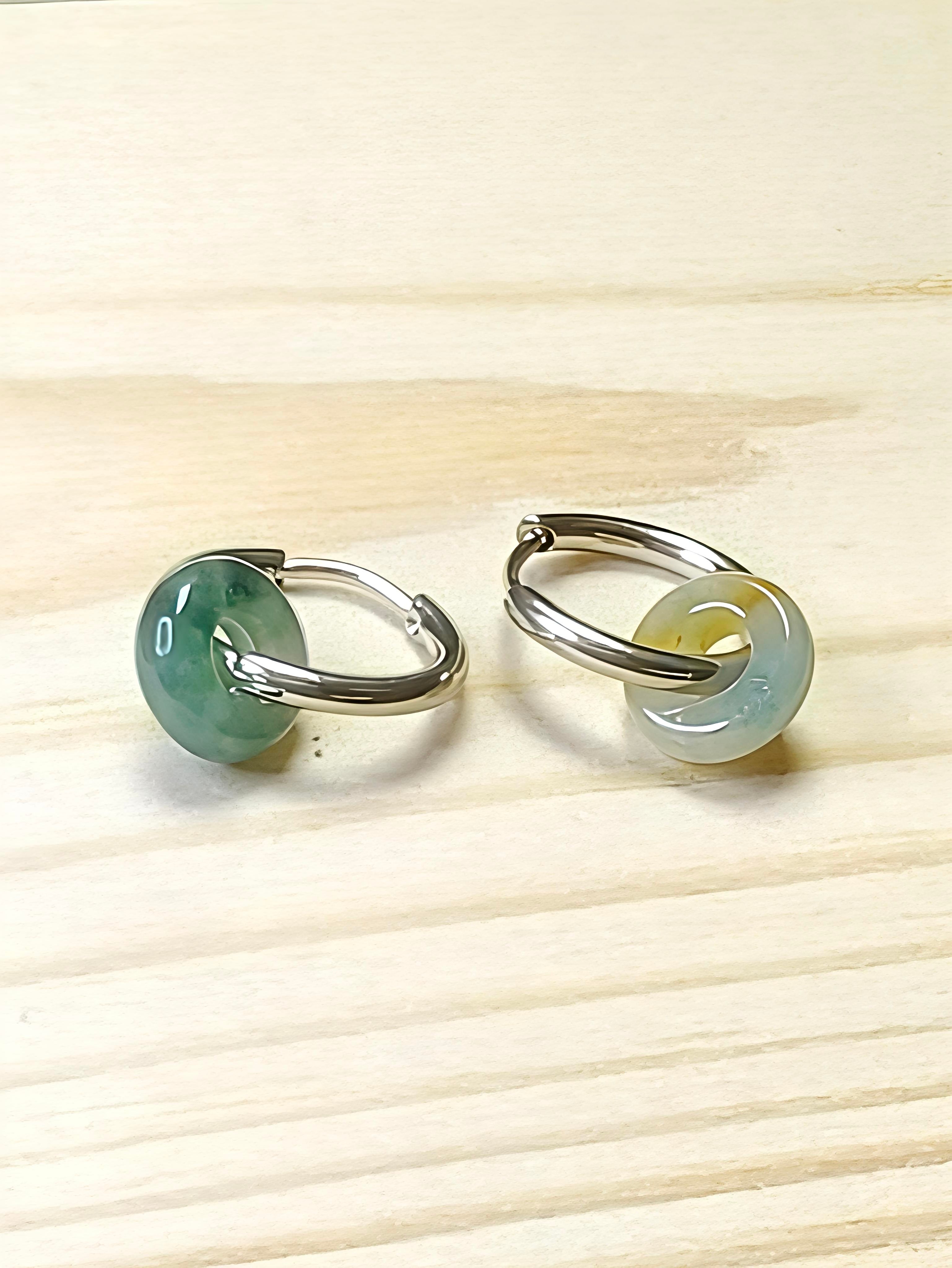MYJ023 PREMIUM Myanmar Grade A Jadeite Peace Donut S925 Silver Hook Earrings