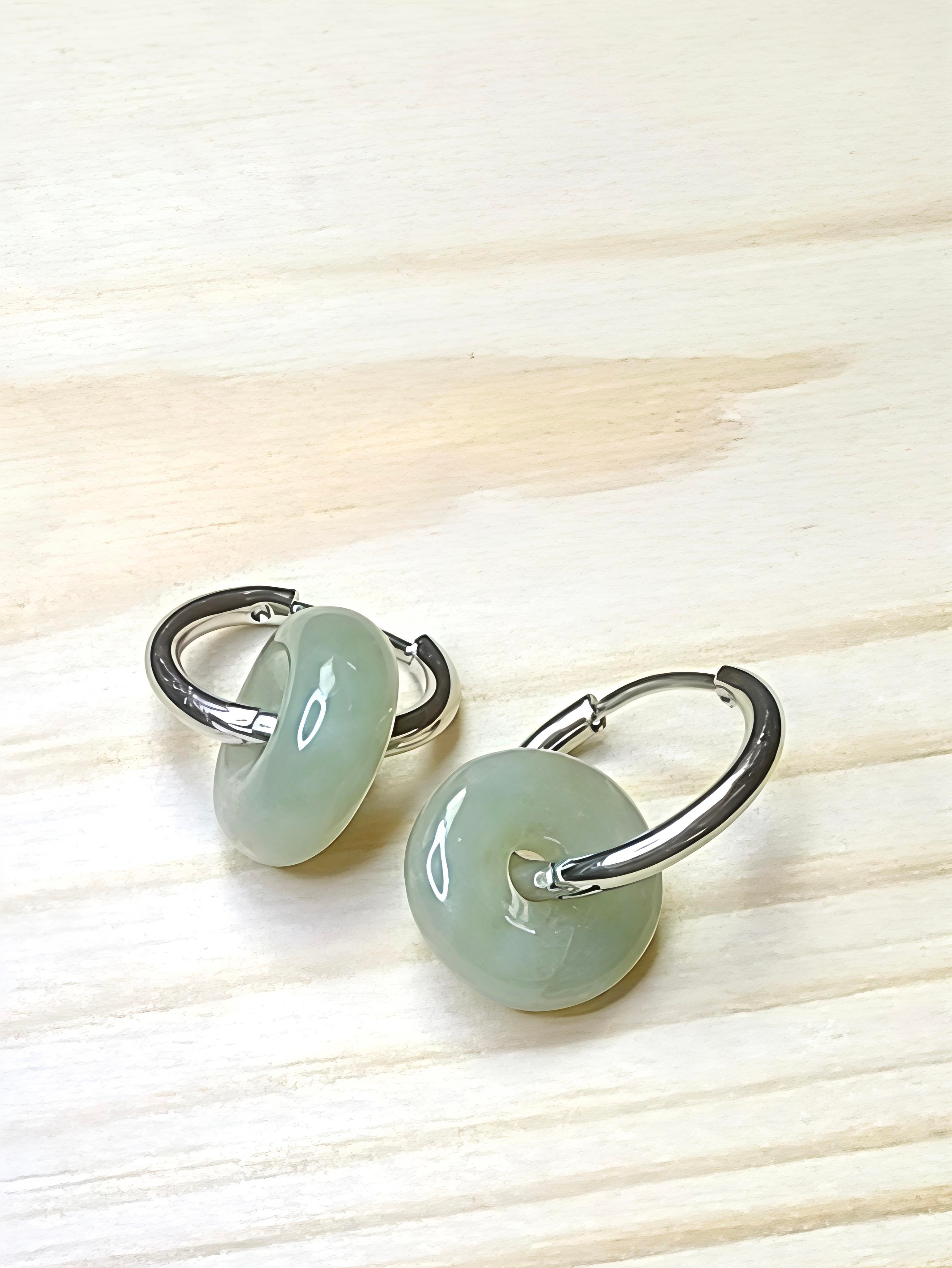 MYJ023 PREMIUM Myanmar Grade A Jadeite Peace Donut S925 Silver Hook Earrings