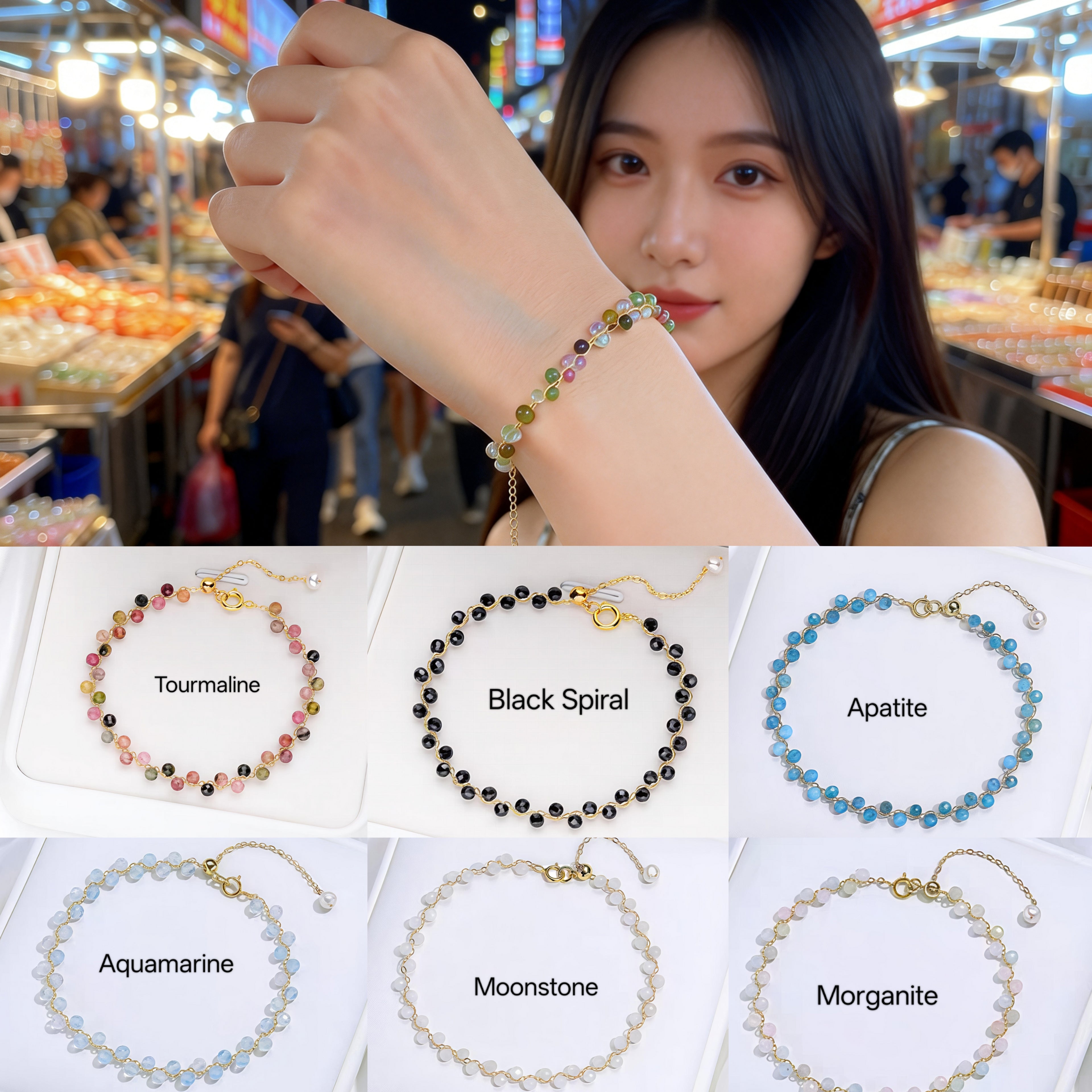 PCB03 PREMIUM Natural Crystal  + Freshwater Pearl 14k Plated Adjustable Bracelet