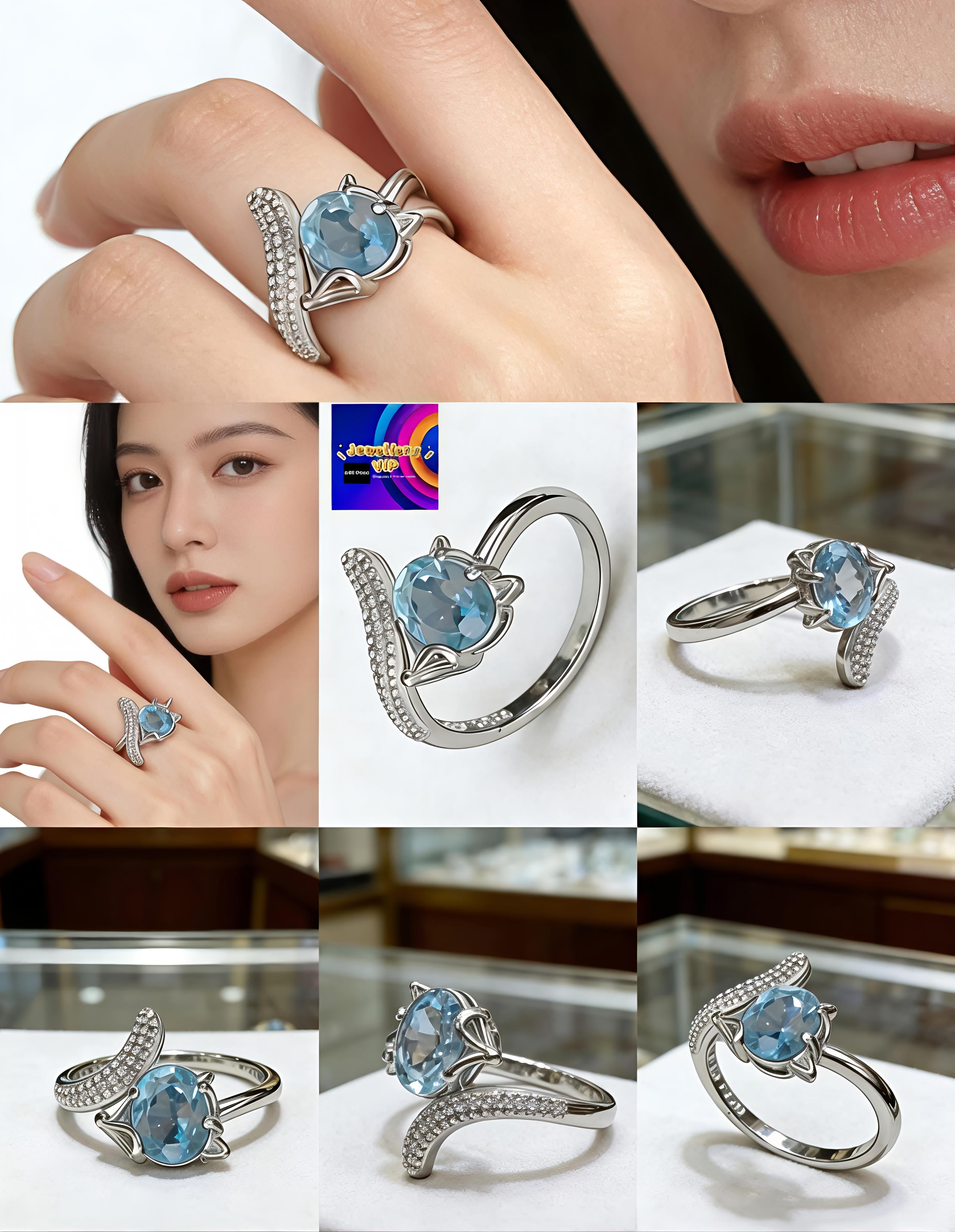 TSL01 PREMIUM Blue Topaz Fox Designer S025 Silver Adjustable Ring