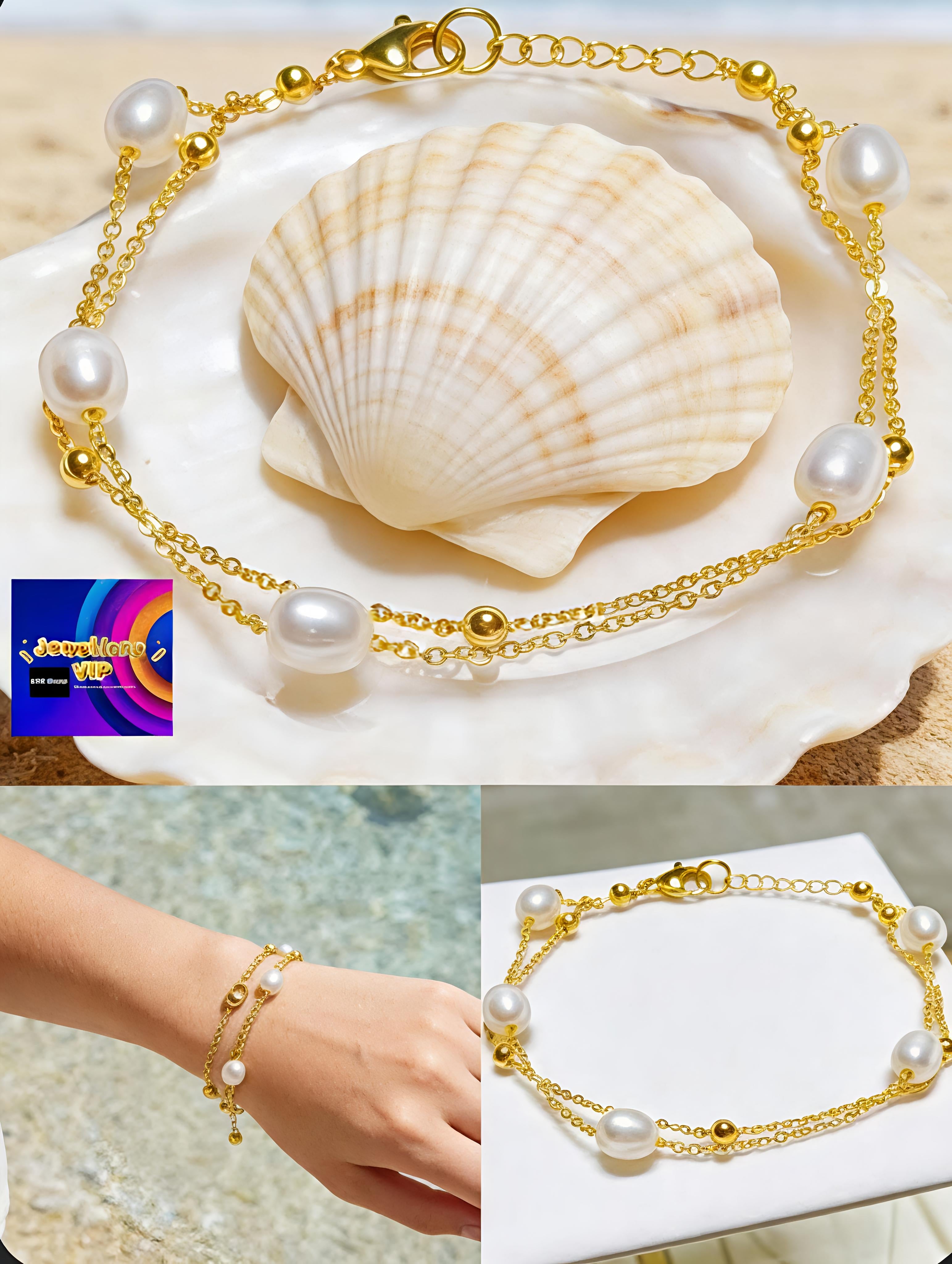 TPL03 Light Pearl PREMIUM Cultured Freshwater Pearl 14k Gold  Plated Layered Chain Bracelet