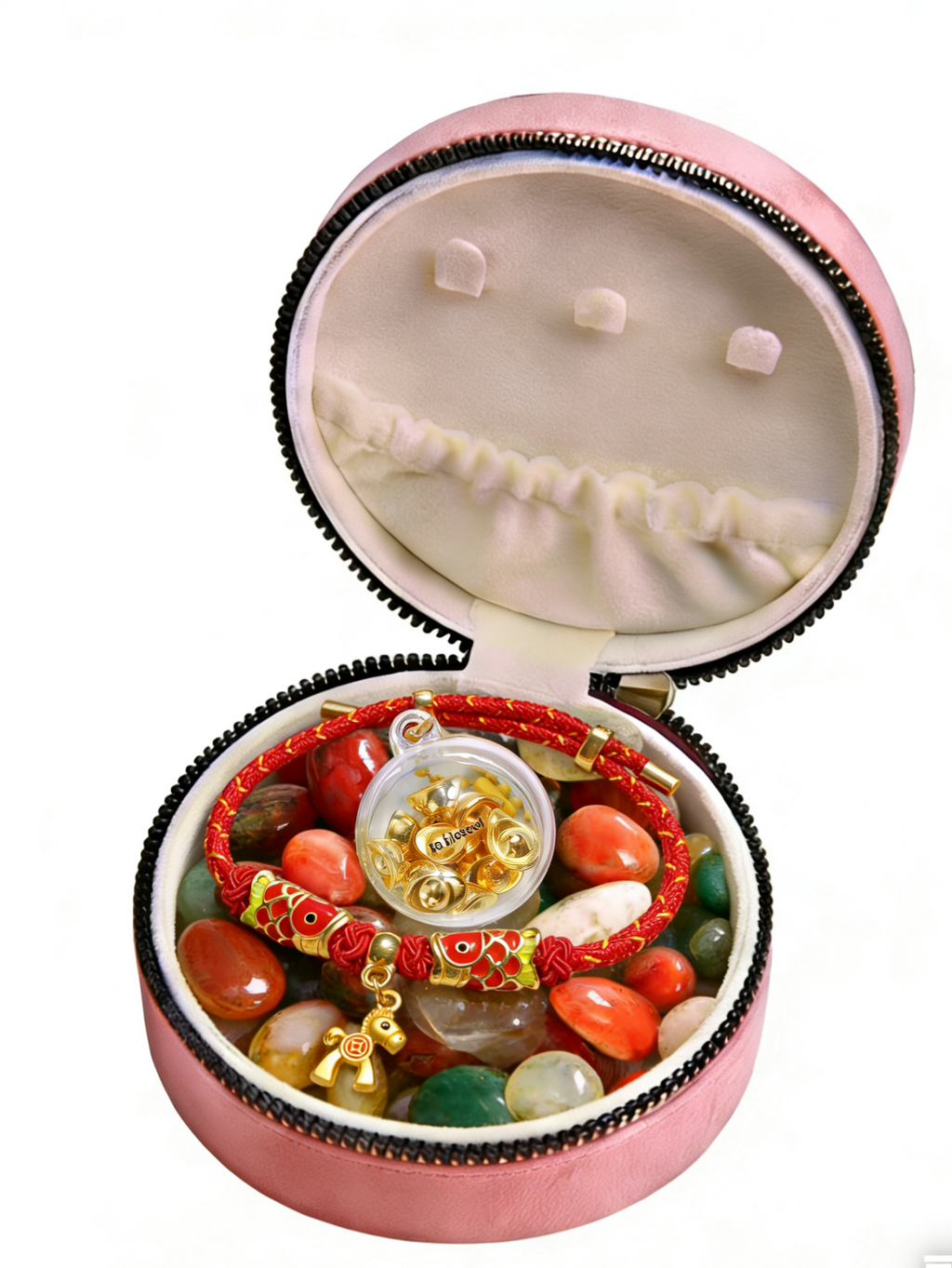 BGM02 PREMIUM Charming Scarlet Adjustable Charmed Bracelet + Natural Nanjing Yuhua Agate + Jewellery Zipper Box Mystery Set