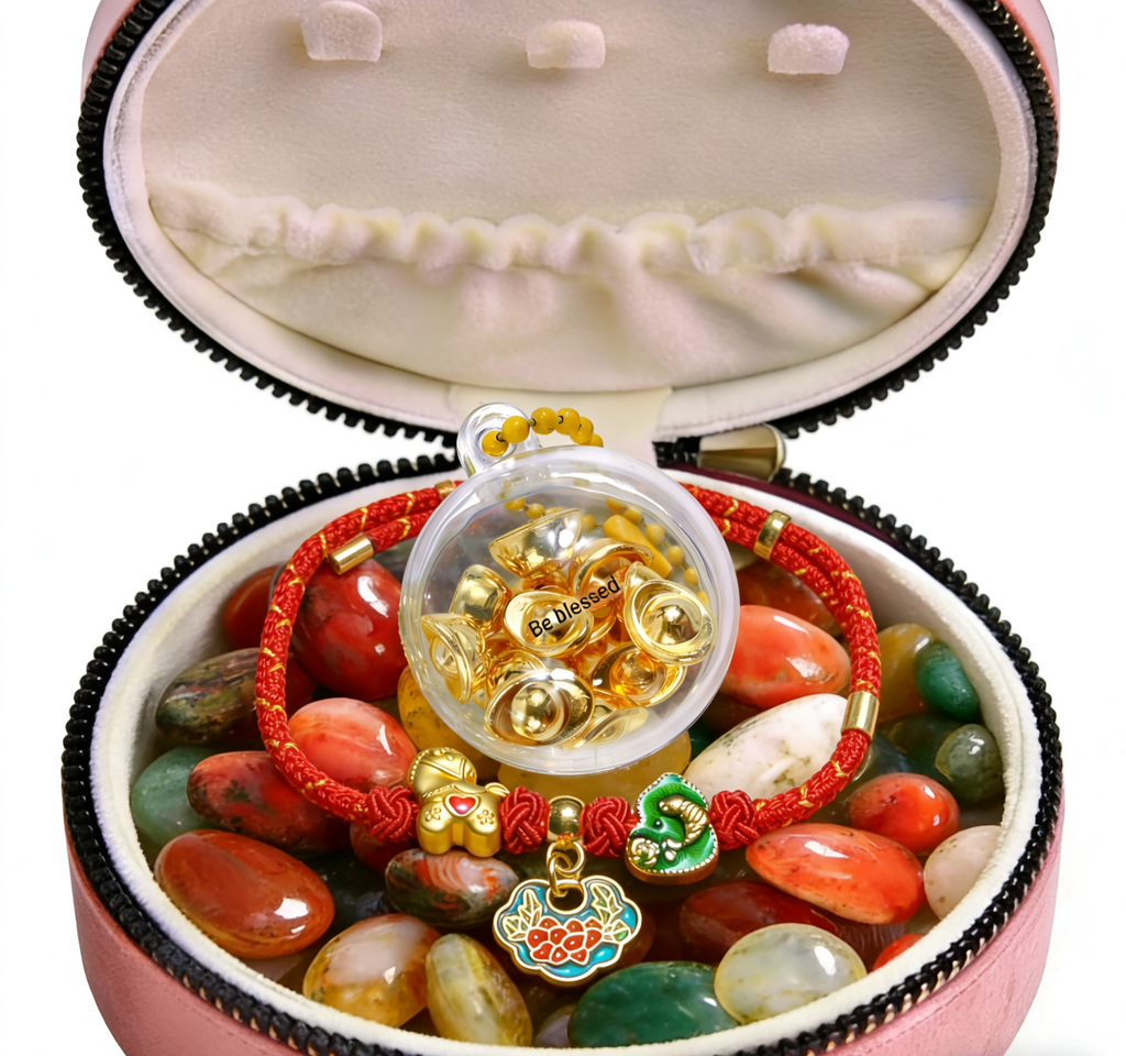 BGM02 PREMIUM Charming Scarlet Adjustable Charmed Bracelet + Natural Nanjing Yuhua Agate + Jewellery Zipper Box Mystery Set