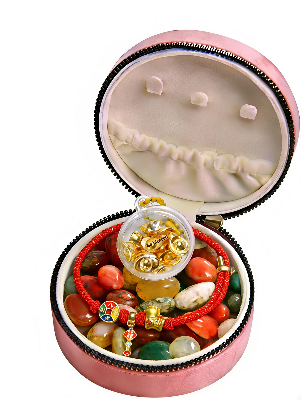 BGM02 PREMIUM Charming Scarlet Adjustable Charmed Bracelet + Natural Nanjing Yuhua Agate + Jewellery Zipper Box Mystery Set