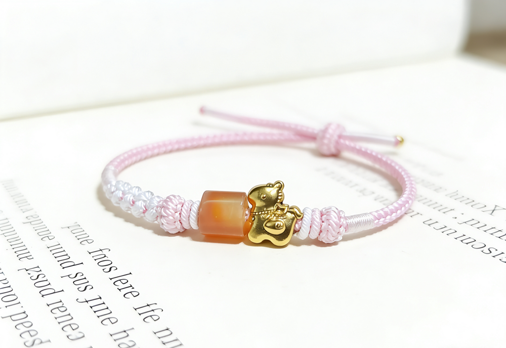 GOOD19 - PREMIUM Good'ness Pink Hand Braided Natural Chalcedony Gold Sand Horse Charm Beaded Adjustable Bracelet