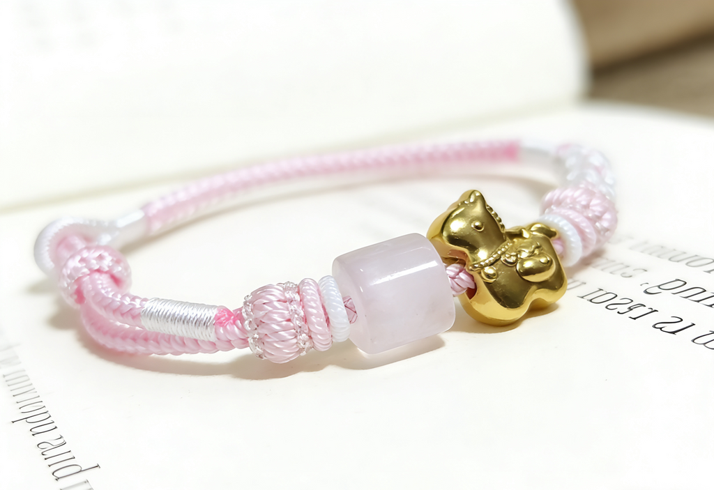 GOOD20 - PREMIUM Good'ness Pink Hand Braided Natural Rose Quartz Gold Sand Horse Charm Beaded Adjustable Bracelet