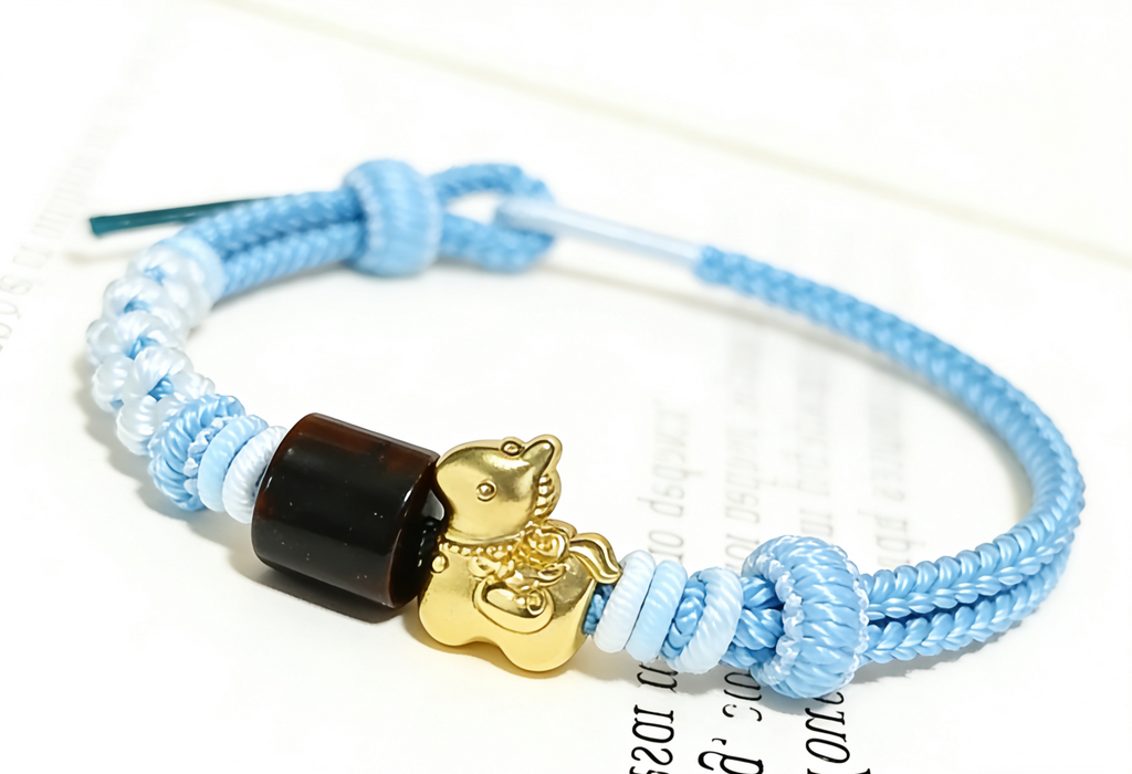 GOOD21 - PREMIUM Good'ness Blue Hand Braided Natural Tiger Eye Gold Sand Horse Charm Beaded Adjustable Bracelet