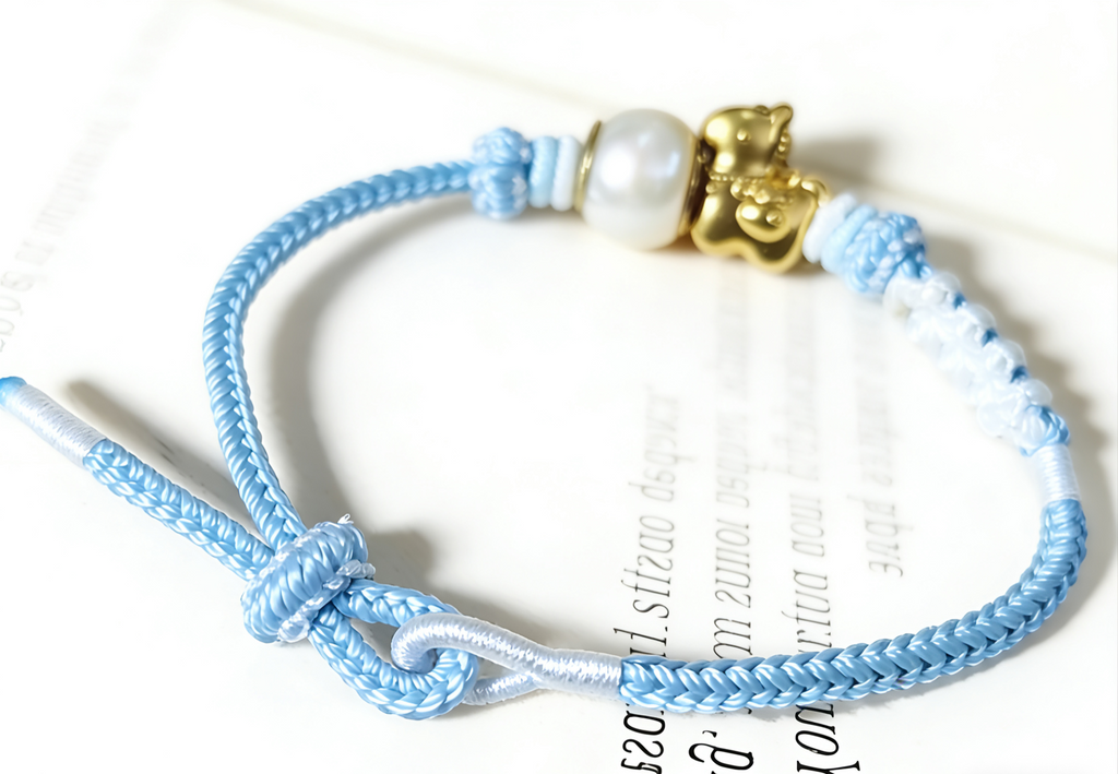 TPL07 - PREMIUM Pearl Light Blue Hand Braided Natural Fresh Water Pearl Gold Sand Horse Charm Beaded Adjustable Bracelet