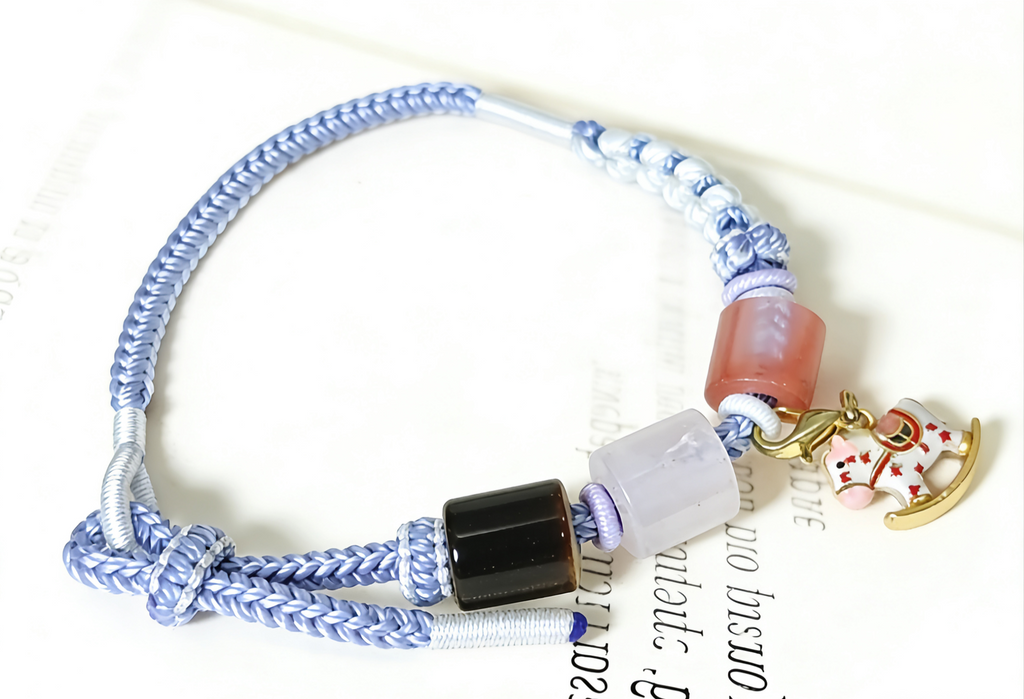 GOOD26 - PREMIUM Good'ness Blue Hand Braided Natural Chalcedony Tiger Eye Detachable Enamel Horse Charm Beaded Adjustable Bracelet