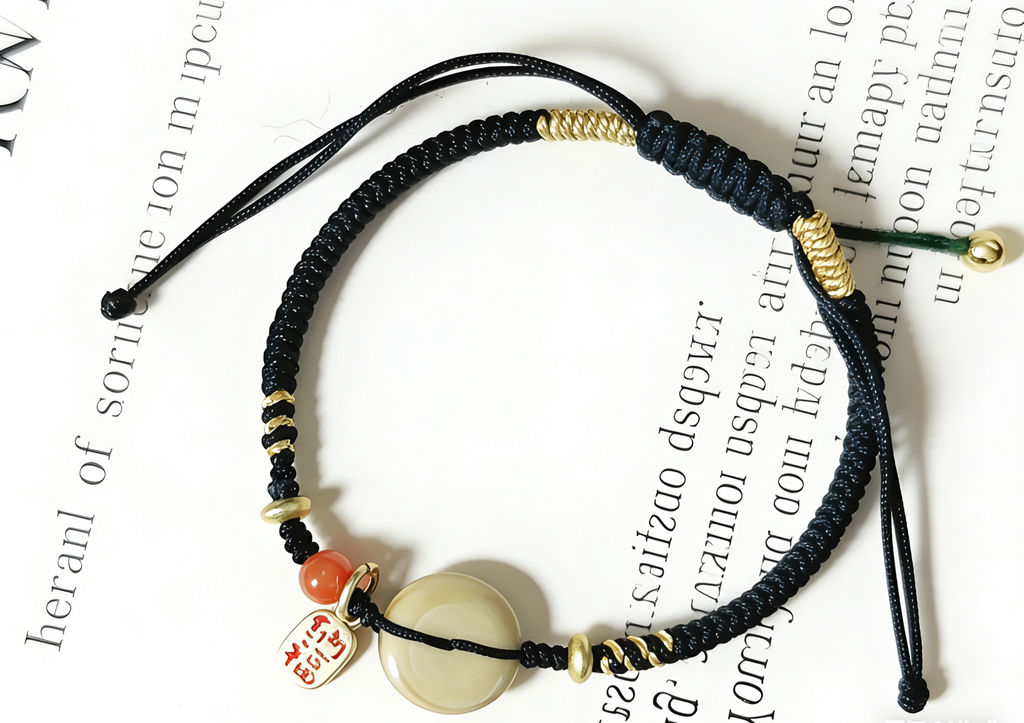 GOOD28 - PREMIUM Good'ness Black Hand Braided Natural Yellow Tiger Eye Peace Nugget Charm Beaded Adjustable Bracelet