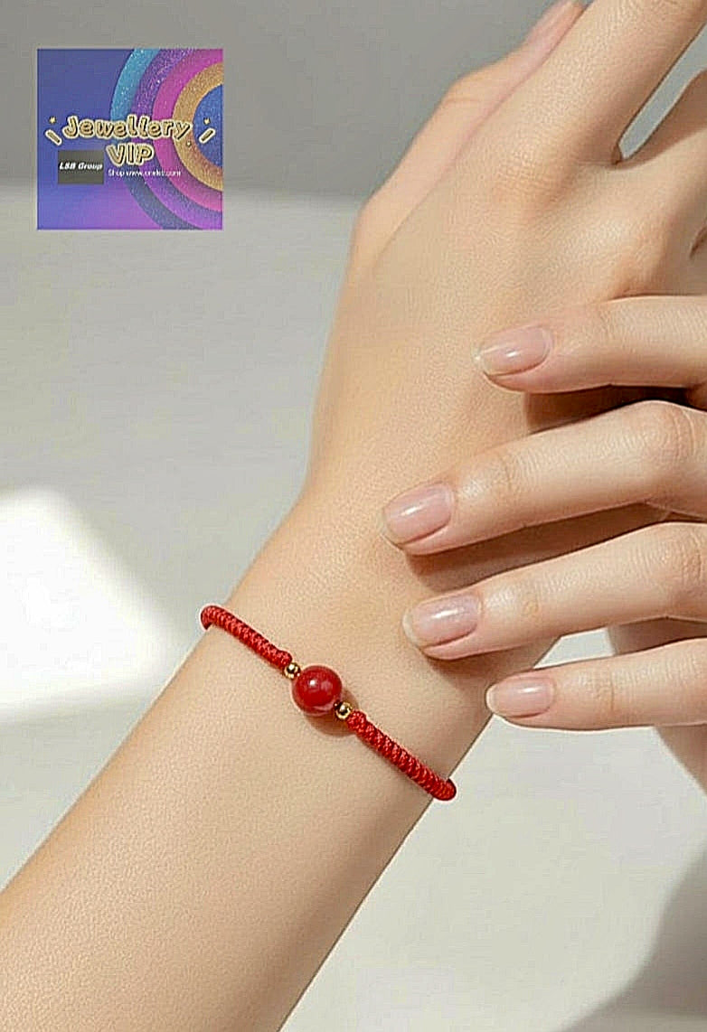PCS01 Charming Scarlet Hand Braided Natural Cinnabar Beaded Cord Bracelet Adjustable