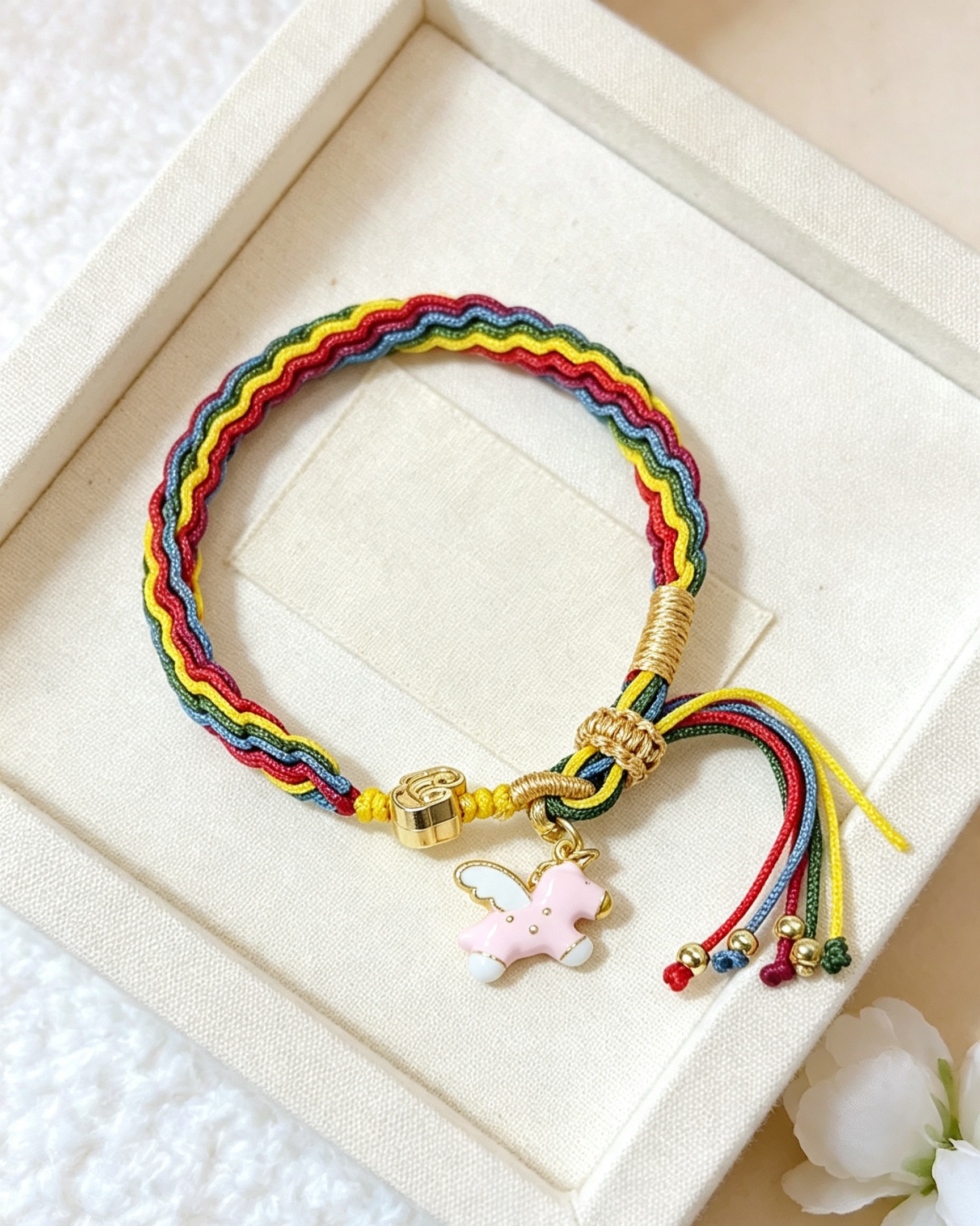 GOOD18 - PREMIUM Good'ness Rainbow Hand Braided Natural Detachable Enamel Horse Charm Beaded Adjustable Bracelet