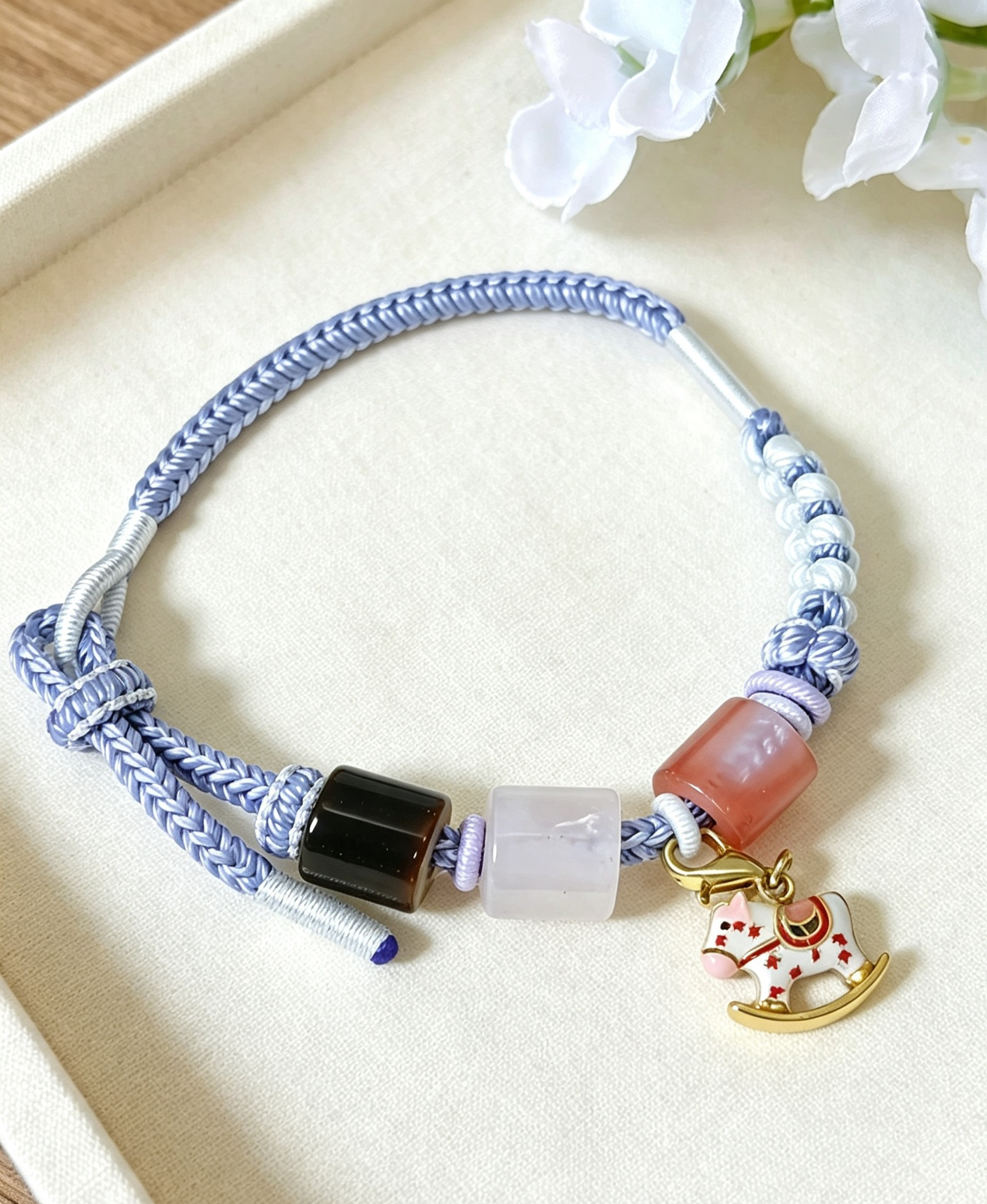 GOOD26 - PREMIUM Good'ness Blue Hand Braided Natural Chalcedony Tiger Eye Detachable Enamel Horse Charm Beaded Adjustable Bracelet