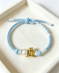 TPL07 - PREMIUM Pearl Light Blue Hand Braided Natural Fresh Water Pearl Gold Sand Horse Charm Beaded Adjustable Bracelet