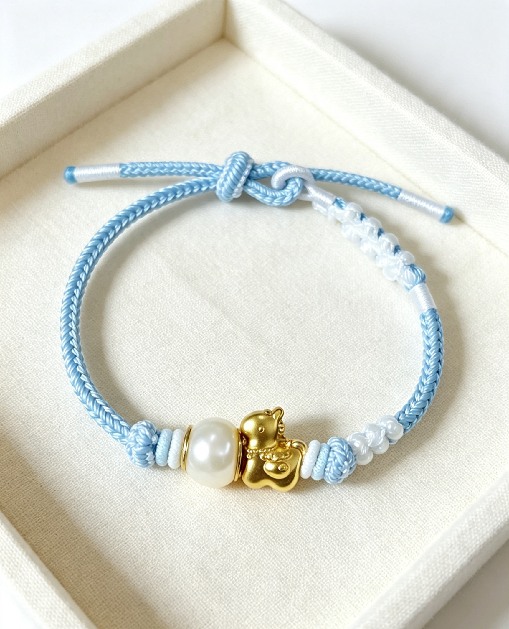 TPL07 - PREMIUM Pearl Light Blue Hand Braided Natural Fresh Water Pearl Gold Sand Horse Charm Beaded Adjustable Bracelet