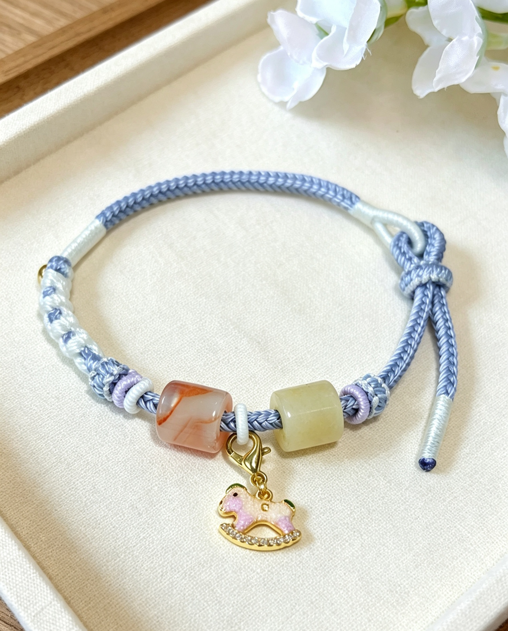 GOOD25 - PREMIUM Good'ness Blue Hand Braided Natural Chalcedony Detachable Enamel Horse Charm Beaded Adjustable Bracelet
