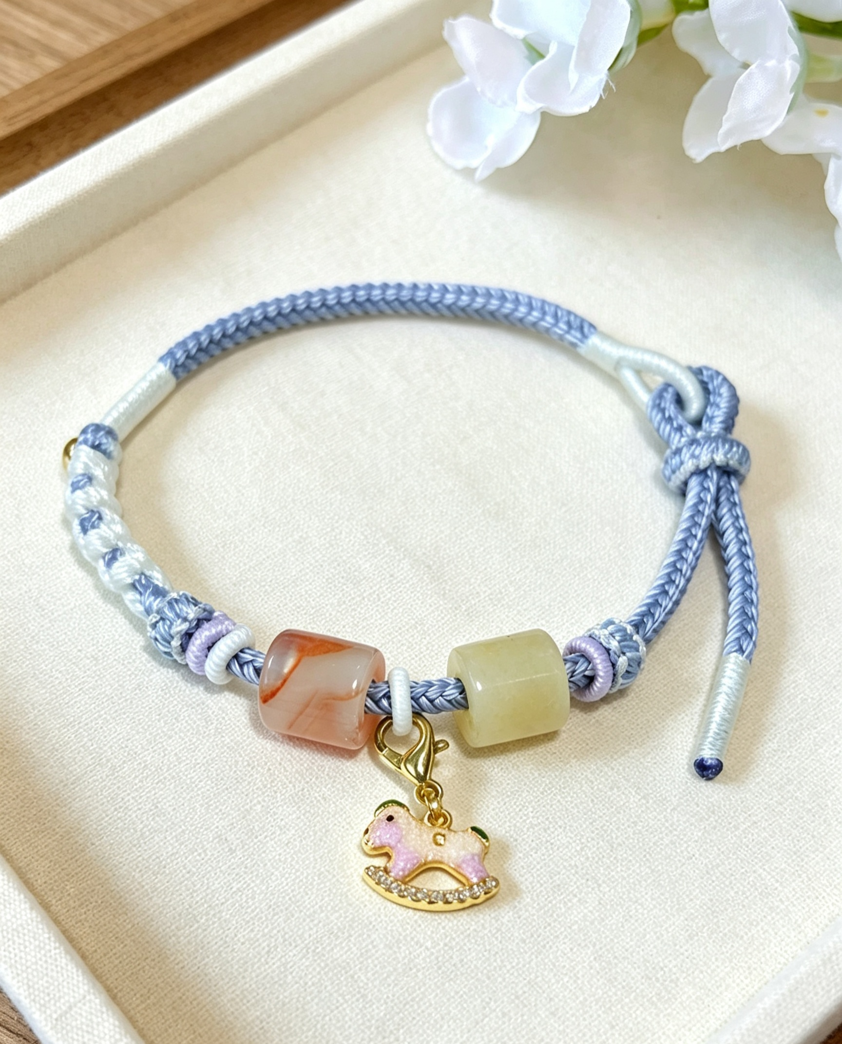 GOOD25 - PREMIUM Good'ness Blue Hand Braided Natural Chalcedony Detachable Enamel Horse Charm Beaded Adjustable Bracelet