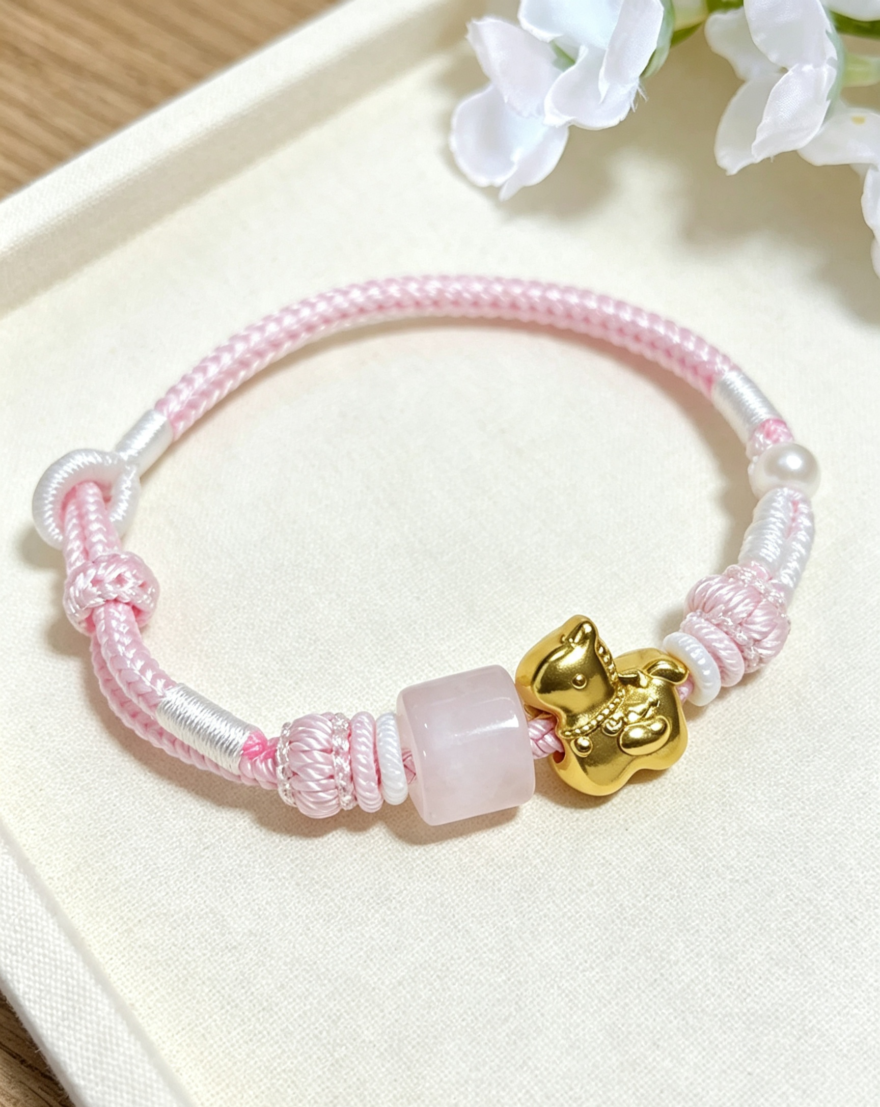 GOOD20 - PREMIUM Good'ness Pink Hand Braided Natural Rose Quartz Gold Sand Horse Charm Beaded Adjustable Bracelet