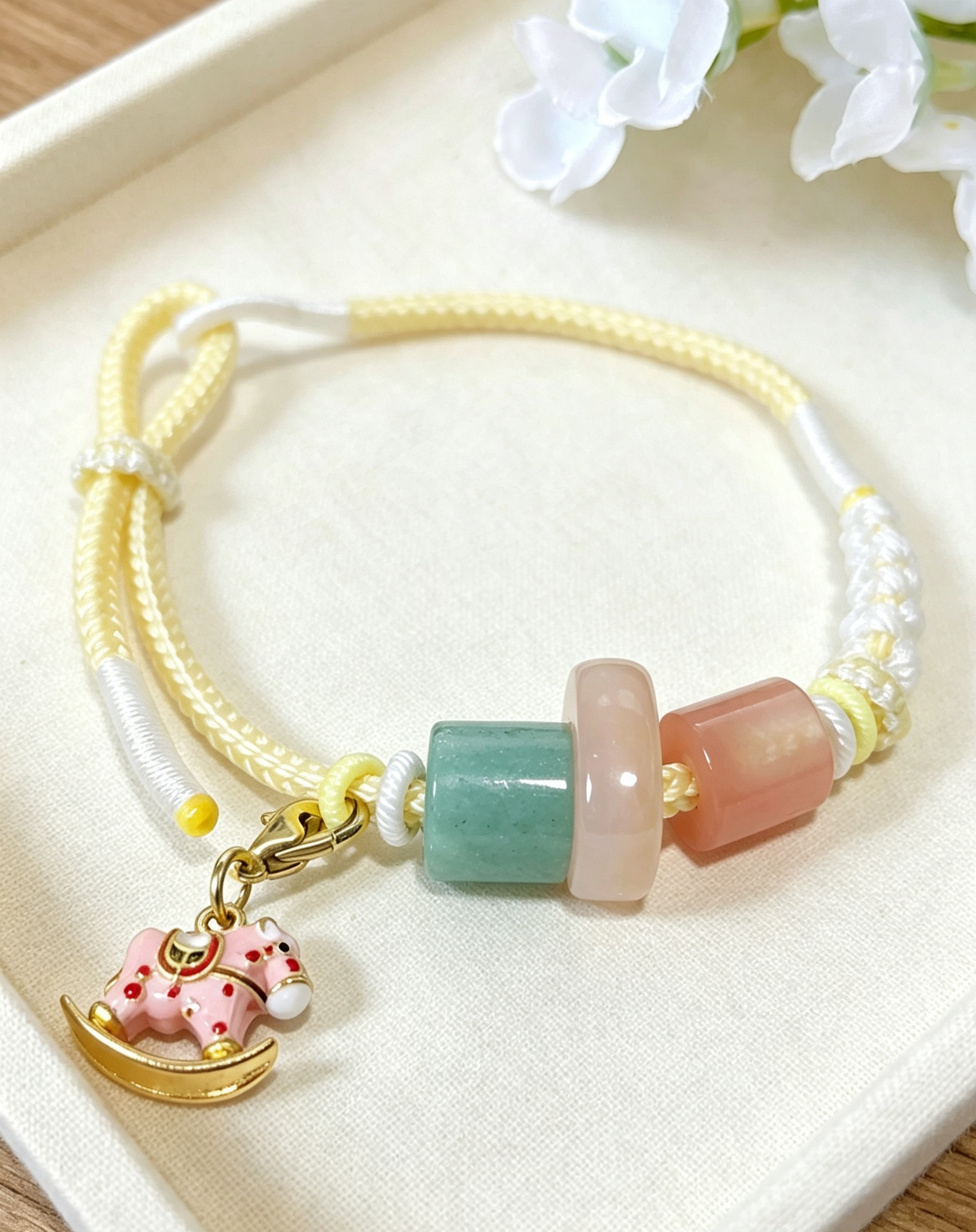 GOOD23 - PREMIUM Good'ness Pink Hand Braided Natural Chalcedony Detachable Enamel Horse Charm Beaded Adjustable Bracelet