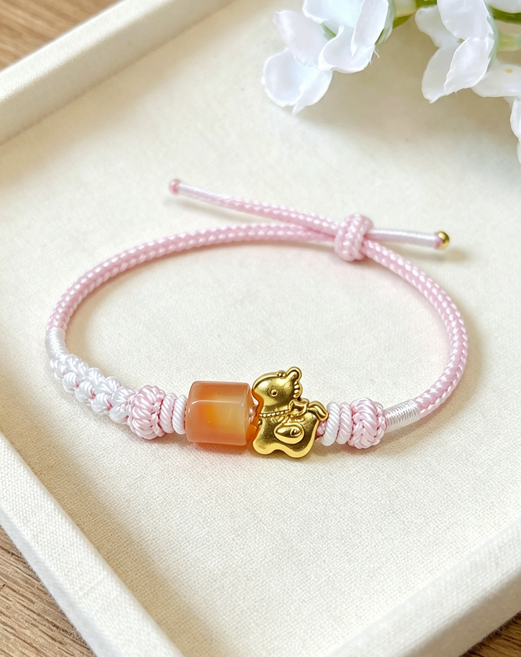 GOOD19 - PREMIUM Good'ness Pink Hand Braided Natural Chalcedony Gold Sand Horse Charm Beaded Adjustable Bracelet