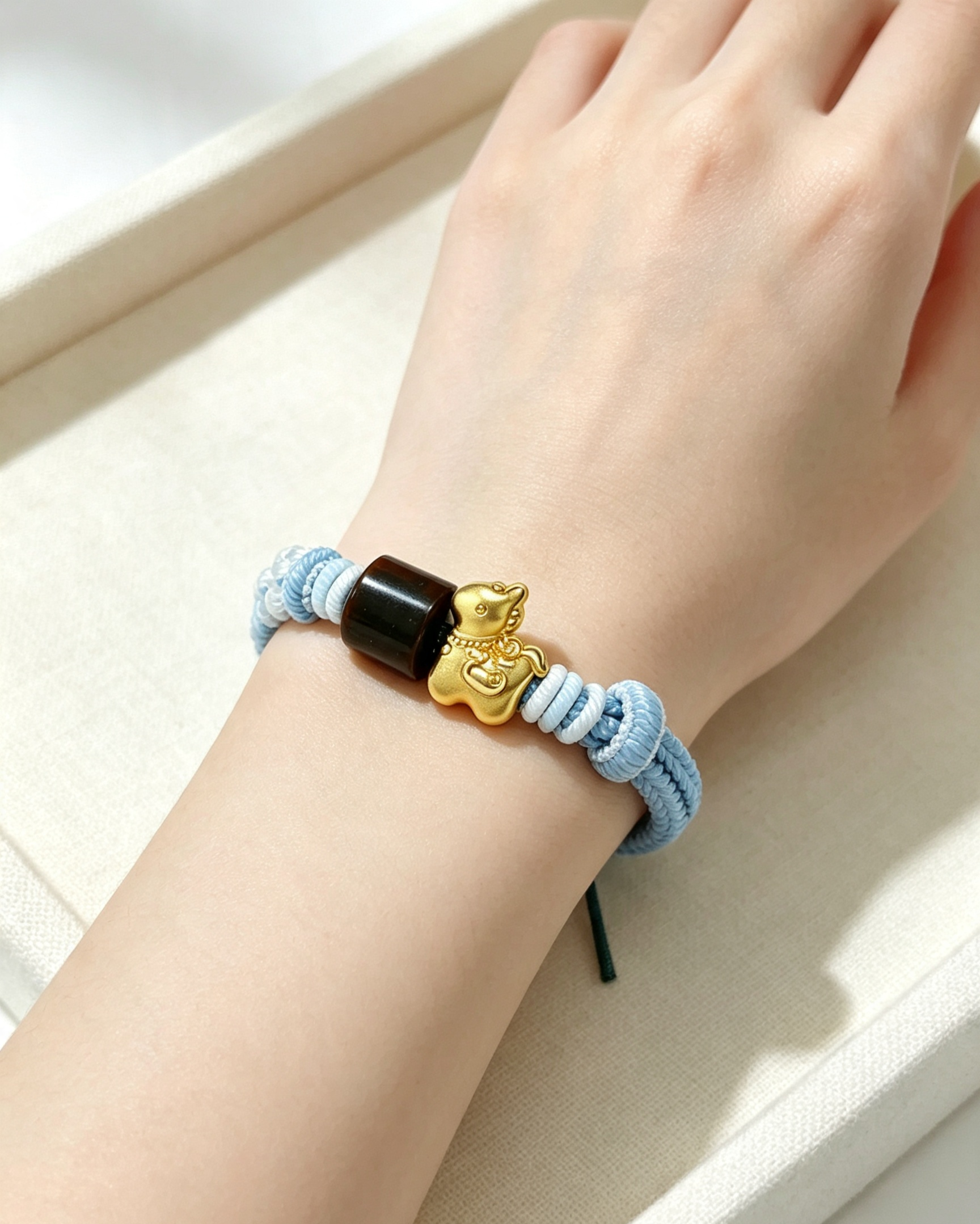 GOOD21 - PREMIUM Good'ness Blue Hand Braided Natural Tiger Eye Gold Sand Horse Charm Beaded Adjustable Bracelet
