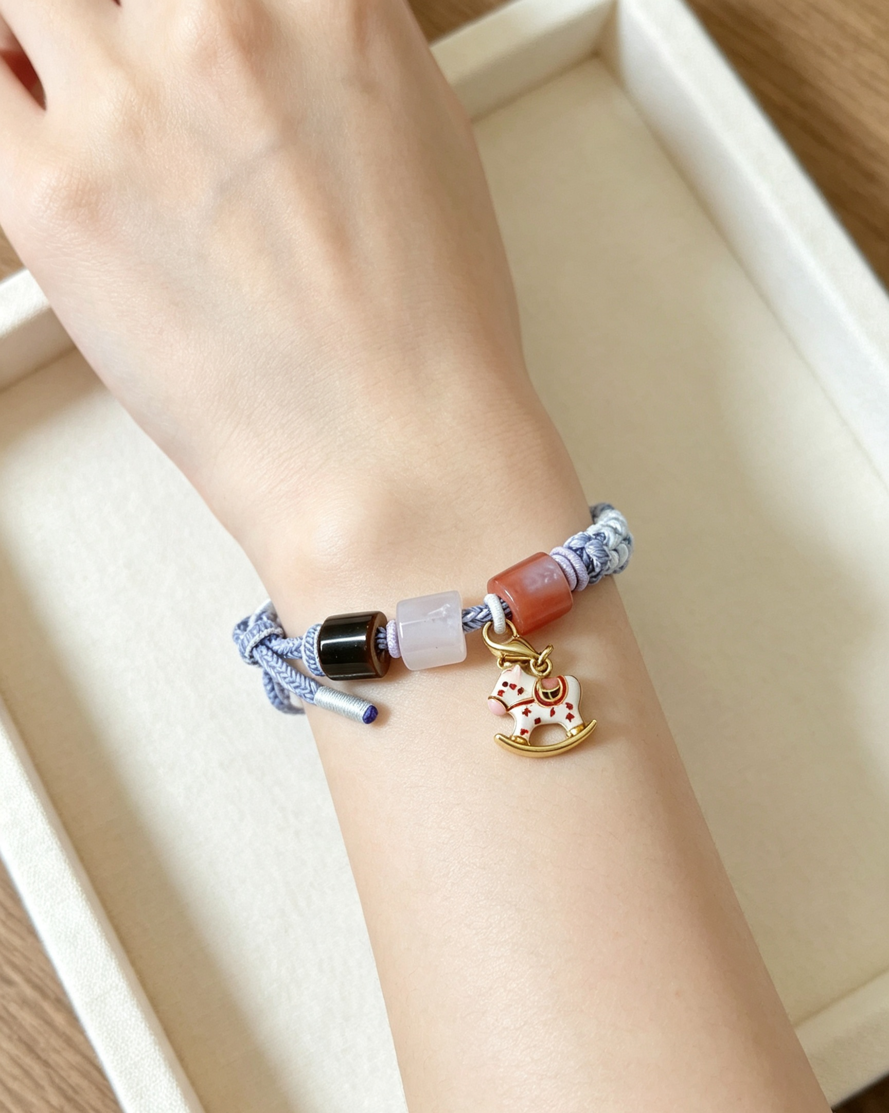 GOOD26 - PREMIUM Good'ness Blue Hand Braided Natural Chalcedony Tiger Eye Detachable Enamel Horse Charm Beaded Adjustable Bracelet