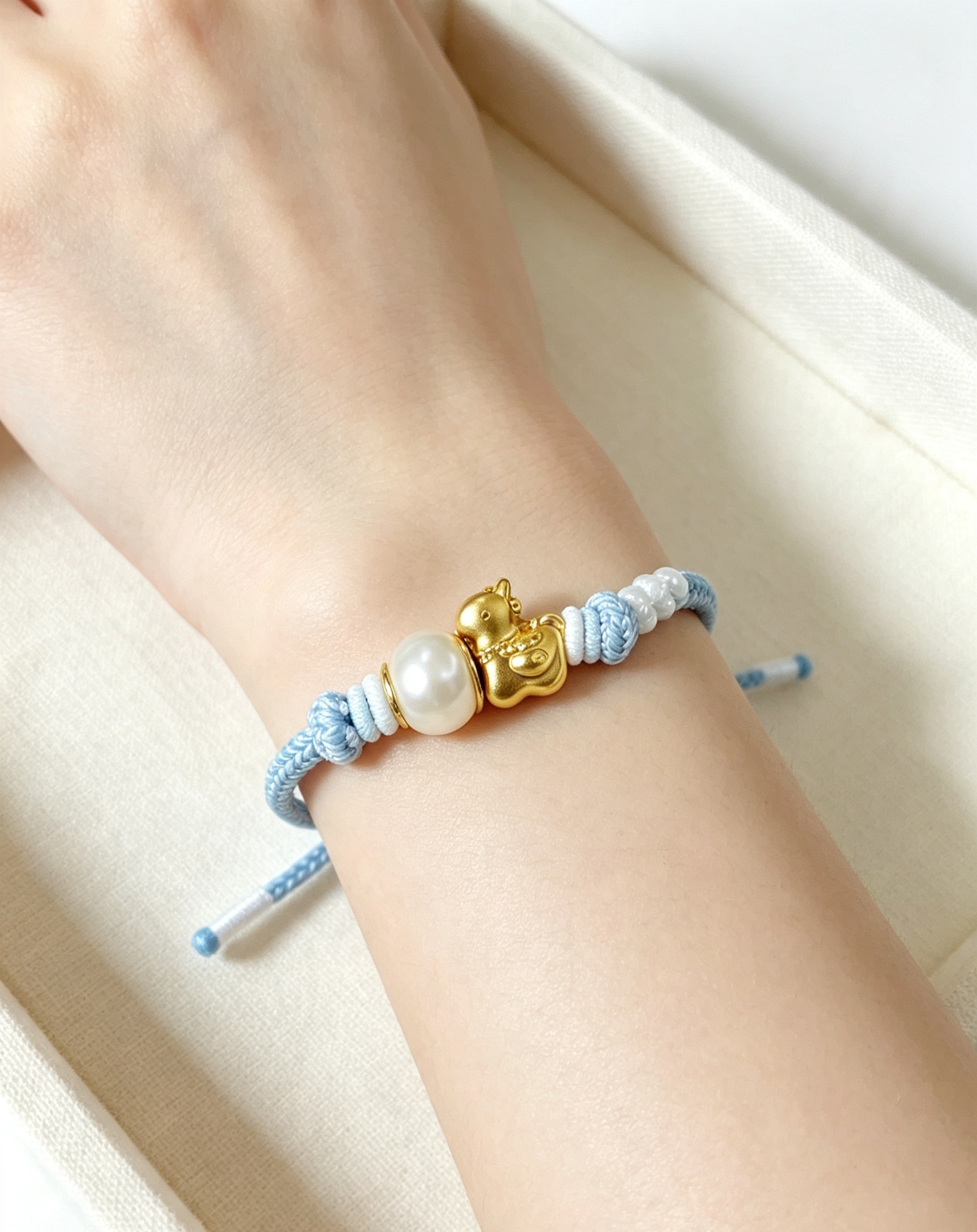 TPL07 - PREMIUM Pearl Light Blue Hand Braided Natural Fresh Water Pearl Gold Sand Horse Charm Beaded Adjustable Bracelet