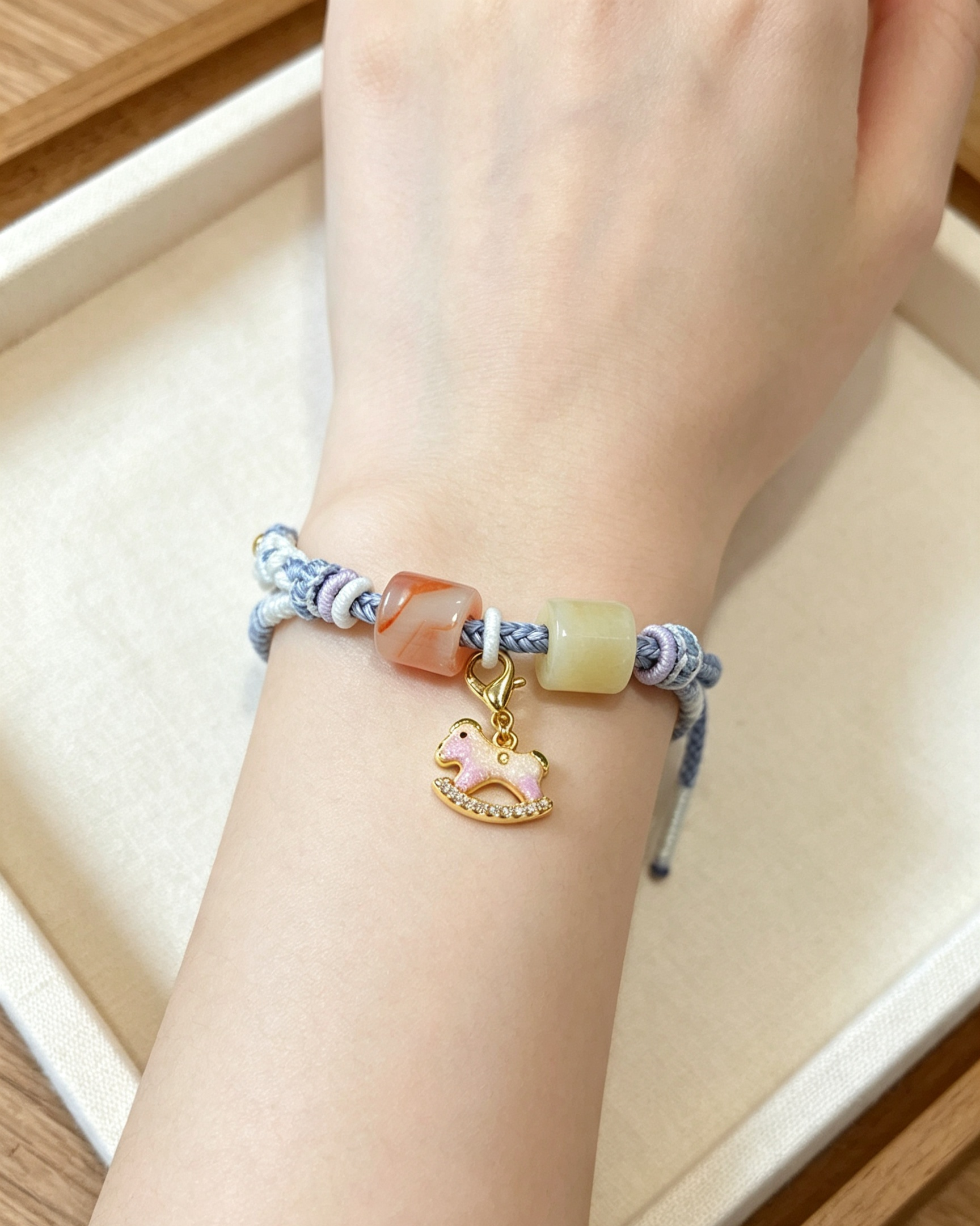 GOOD25 - PREMIUM Good'ness Blue Hand Braided Natural Chalcedony Detachable Enamel Horse Charm Beaded Adjustable Bracelet