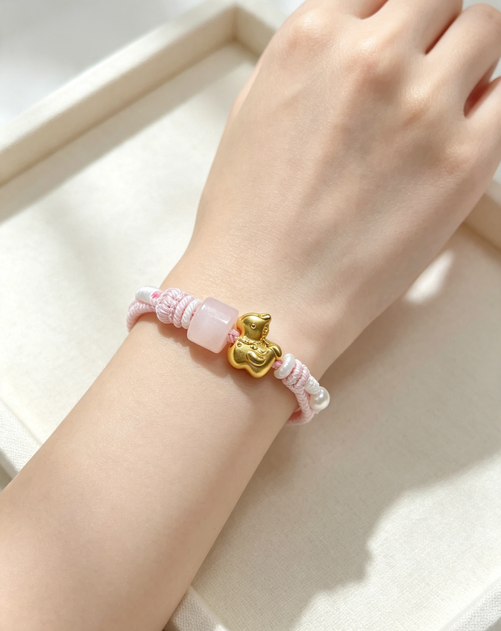 GOOD20 - PREMIUM Good'ness Pink Hand Braided Natural Rose Quartz Gold Sand Horse Charm Beaded Adjustable Bracelet