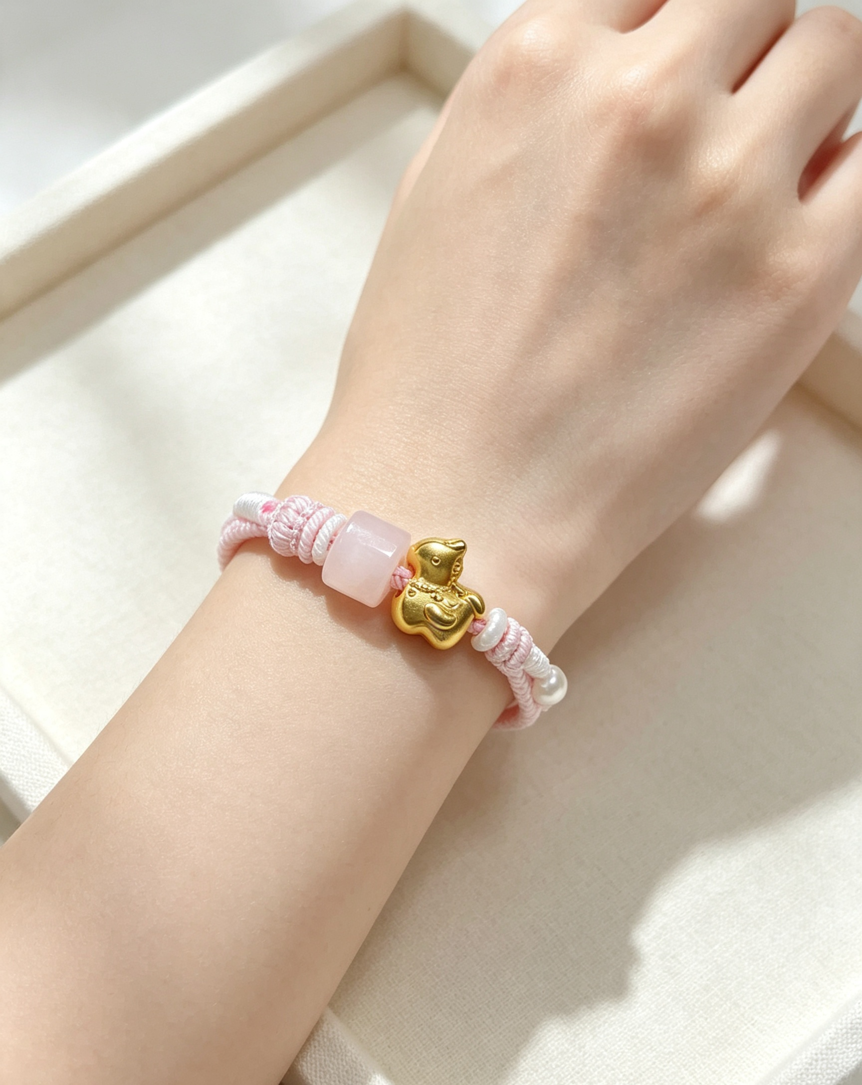 GOOD20 - PREMIUM Good'ness Pink Hand Braided Natural Rose Quartz Gold Sand Horse Charm Beaded Adjustable Bracelet