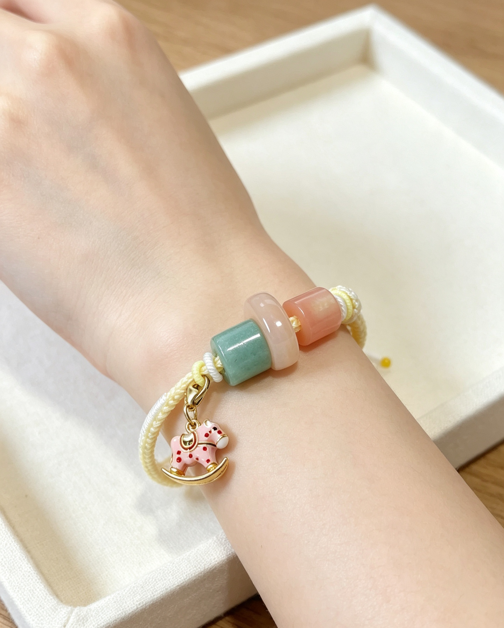 GOOD23 - PREMIUM Good'ness Pink Hand Braided Natural Chalcedony Detachable Enamel Horse Charm Beaded Adjustable Bracelet