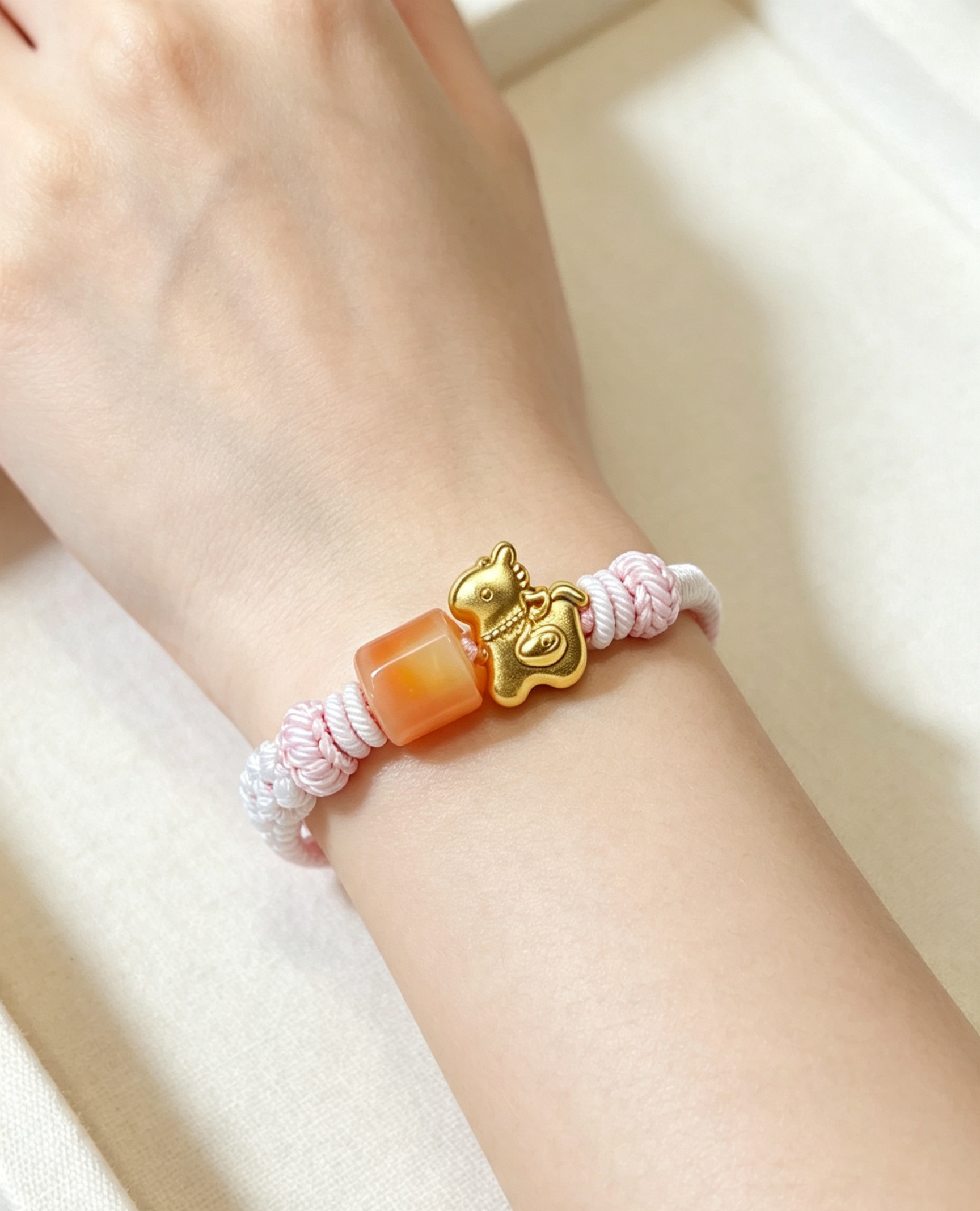 GOOD19 - PREMIUM Good'ness Pink Hand Braided Natural Chalcedony Gold Sand Horse Charm Beaded Adjustable Bracelet