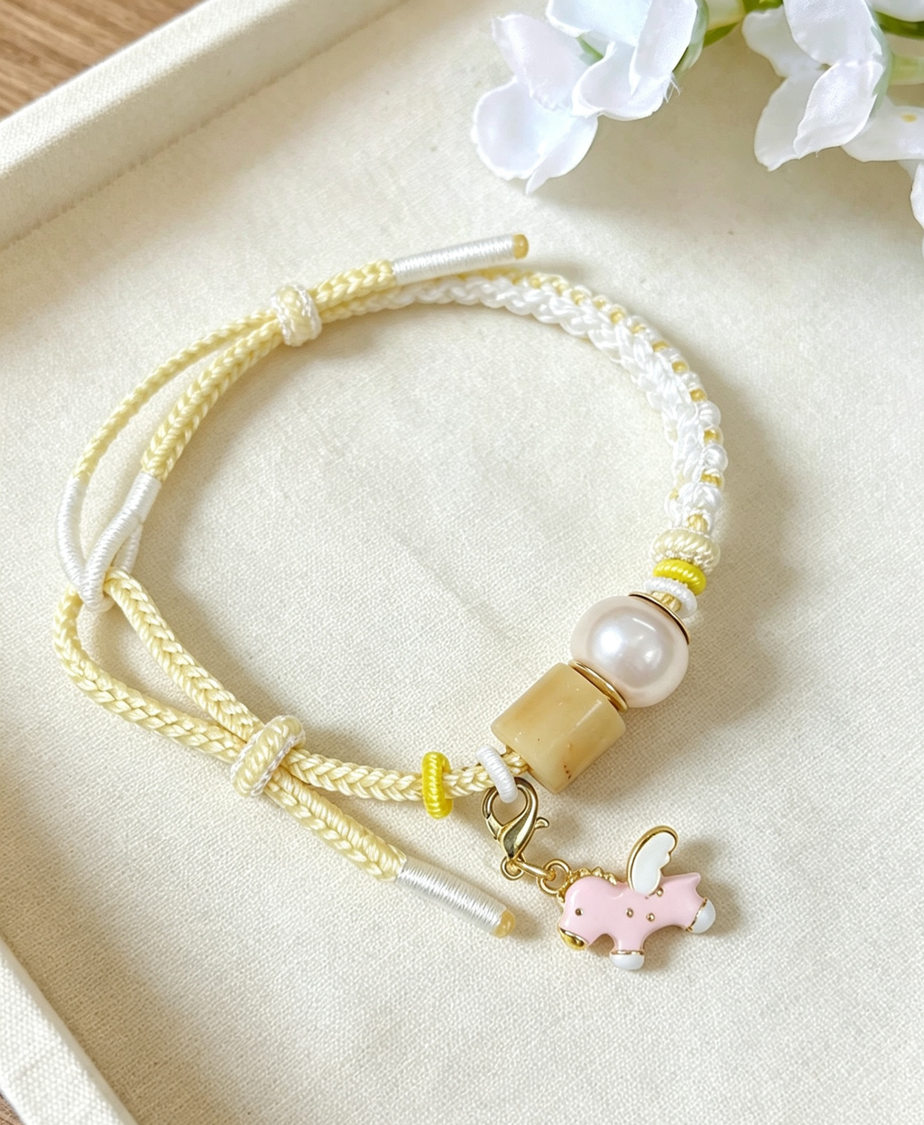 TPL08 - PREMIUM Pearl Light Pink Hand Braided Natural Fresh Water Pearl Detachable Enamel Horse Charm Beaded Adjustable Bracelet