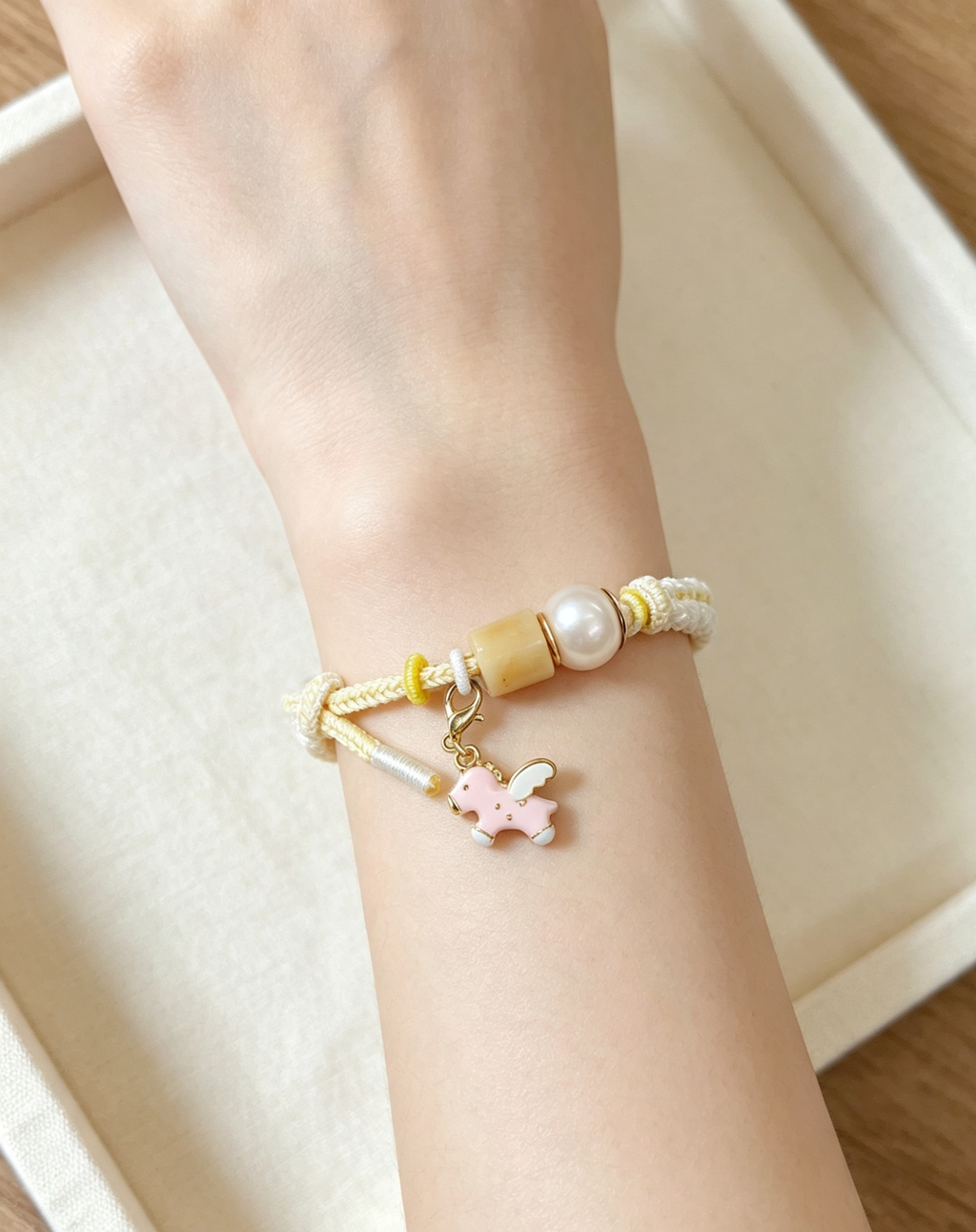 TPL08 - PREMIUM Pearl Light Pink Hand Braided Natural Fresh Water Pearl Detachable Enamel Horse Charm Beaded Adjustable Bracelet