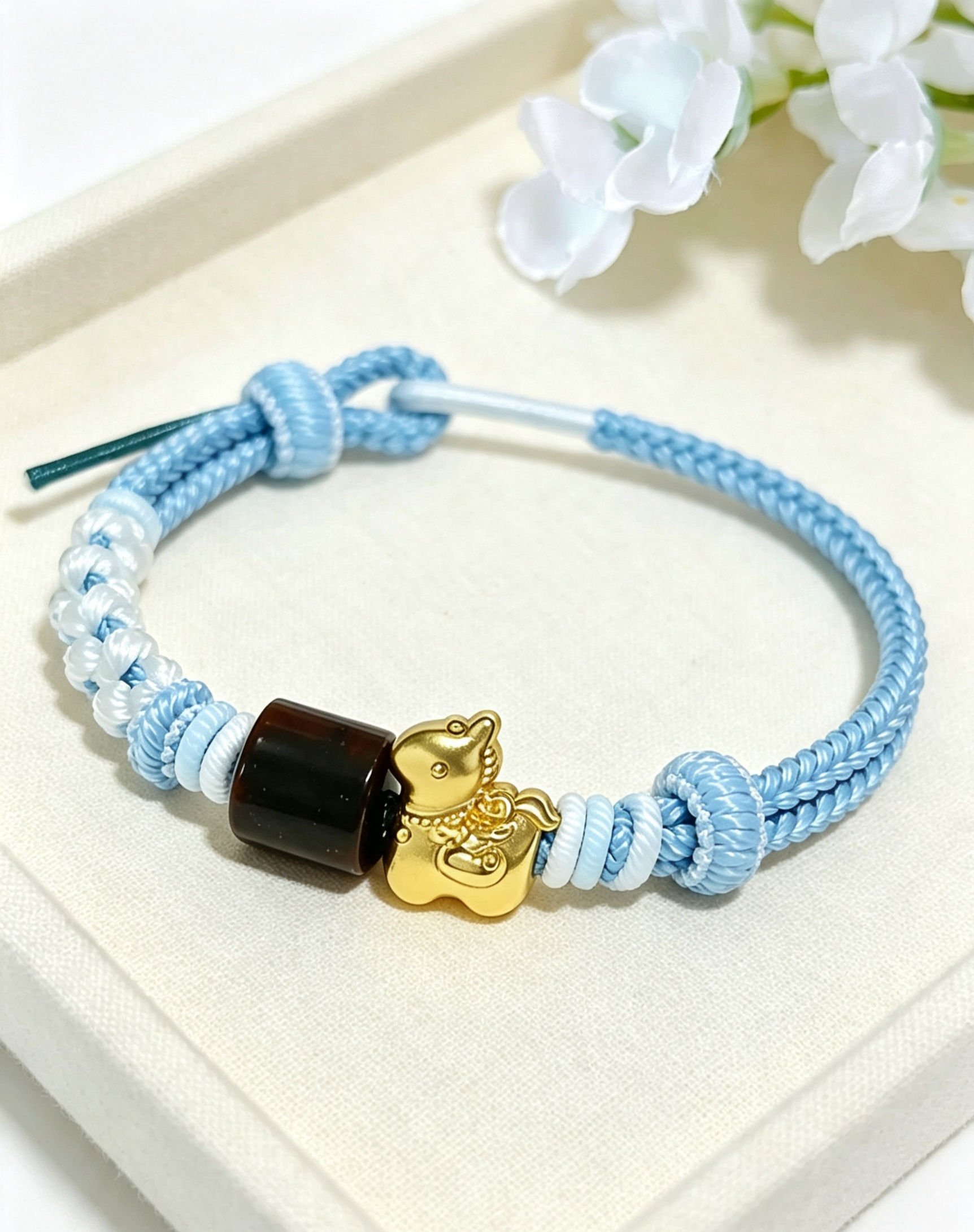 GOOD21 - PREMIUM Good'ness Blue Hand Braided Natural Tiger Eye Gold Sand Horse Charm Beaded Adjustable Bracelet
