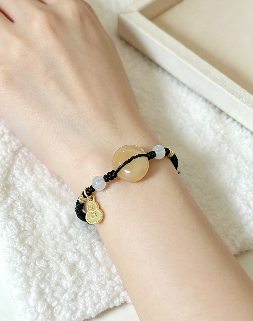 GOOD27 - PREMIUM Good'ness Black Hand Braided Natural Yellow Tiger Eye Peace Nugget Charm Beaded Adjustable Bracelet