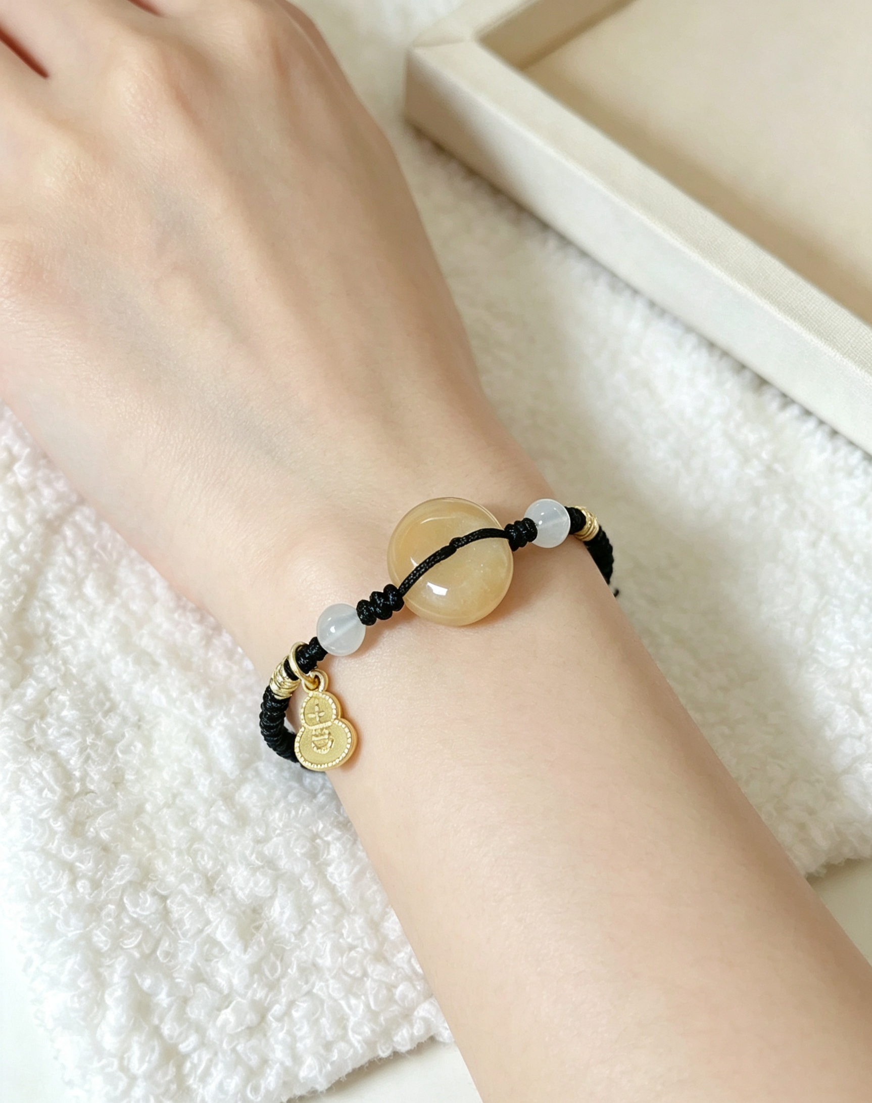 GOOD27 - PREMIUM Good'ness Black Hand Braided Natural Yellow Tiger Eye Peace Nugget Charm Beaded Adjustable Bracelet