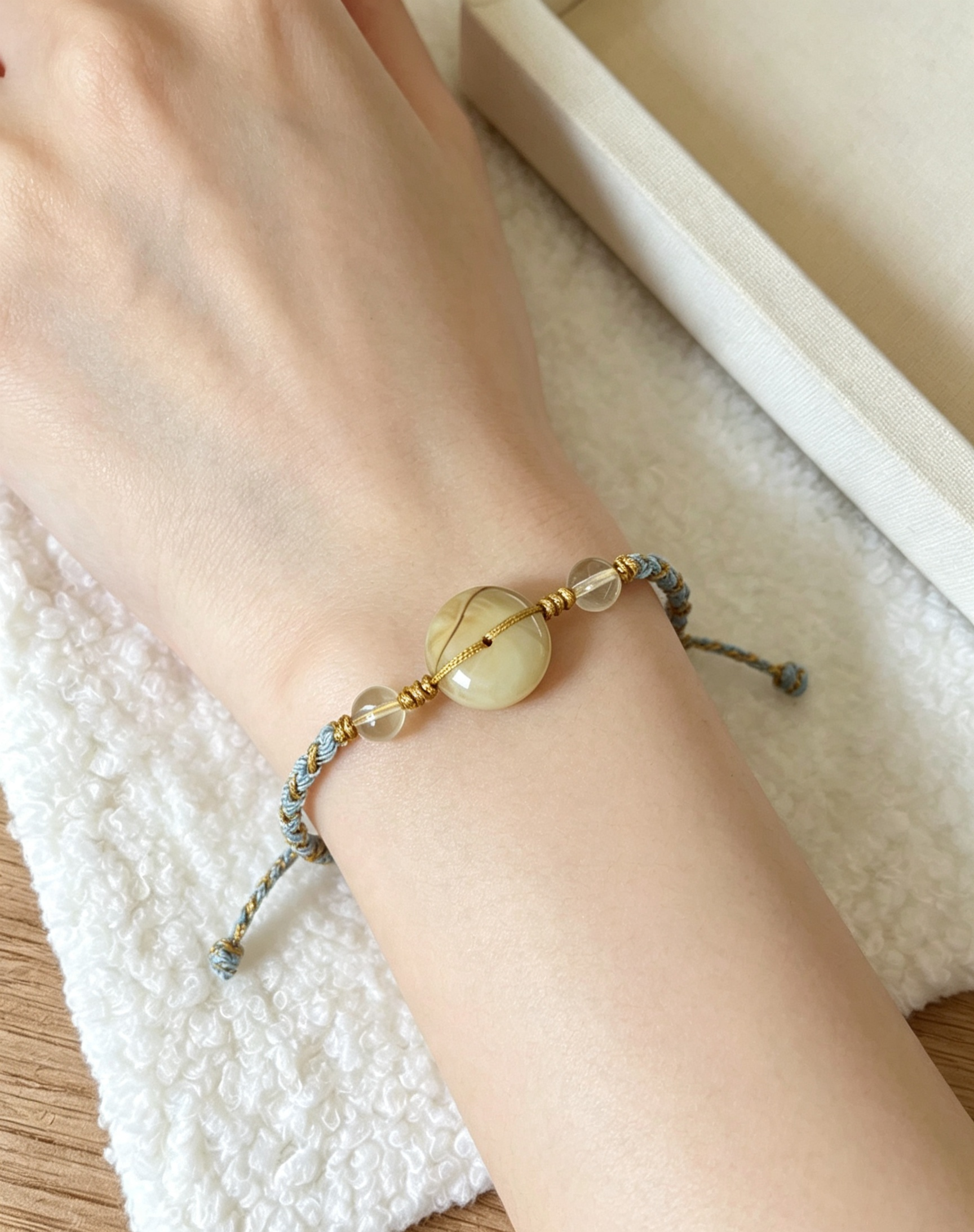 GOOD32- PREMIUM Good'ness Hand Braided Natural Golden Amber Peace Nugget Charm Beaded Adjustable Bracelet