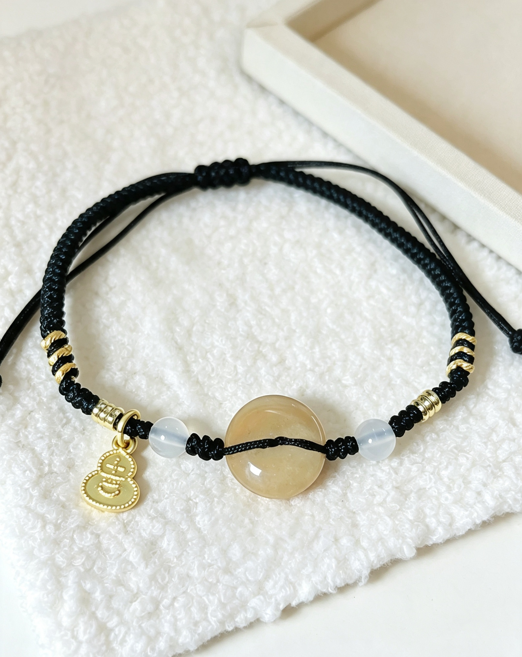 GOOD27 - PREMIUM Good'ness Black Hand Braided Natural Yellow Tiger Eye Peace Nugget Charm Beaded Adjustable Bracelet