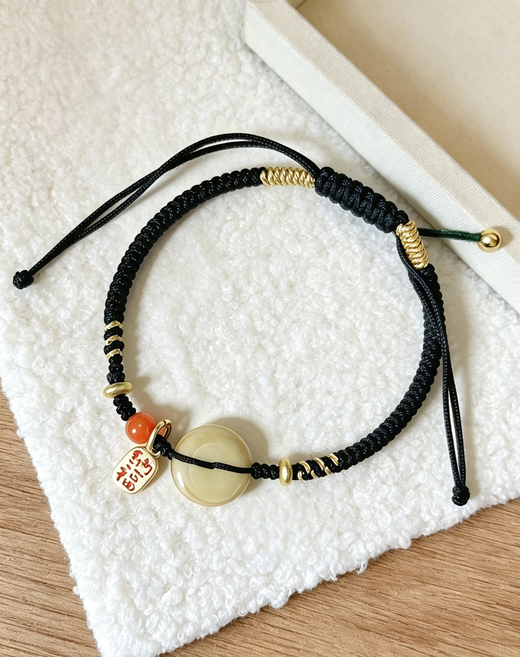 GOOD28 - PREMIUM Good'ness Black Hand Braided Natural Yellow Tiger Eye Peace Nugget Charm Beaded Adjustable Bracelet