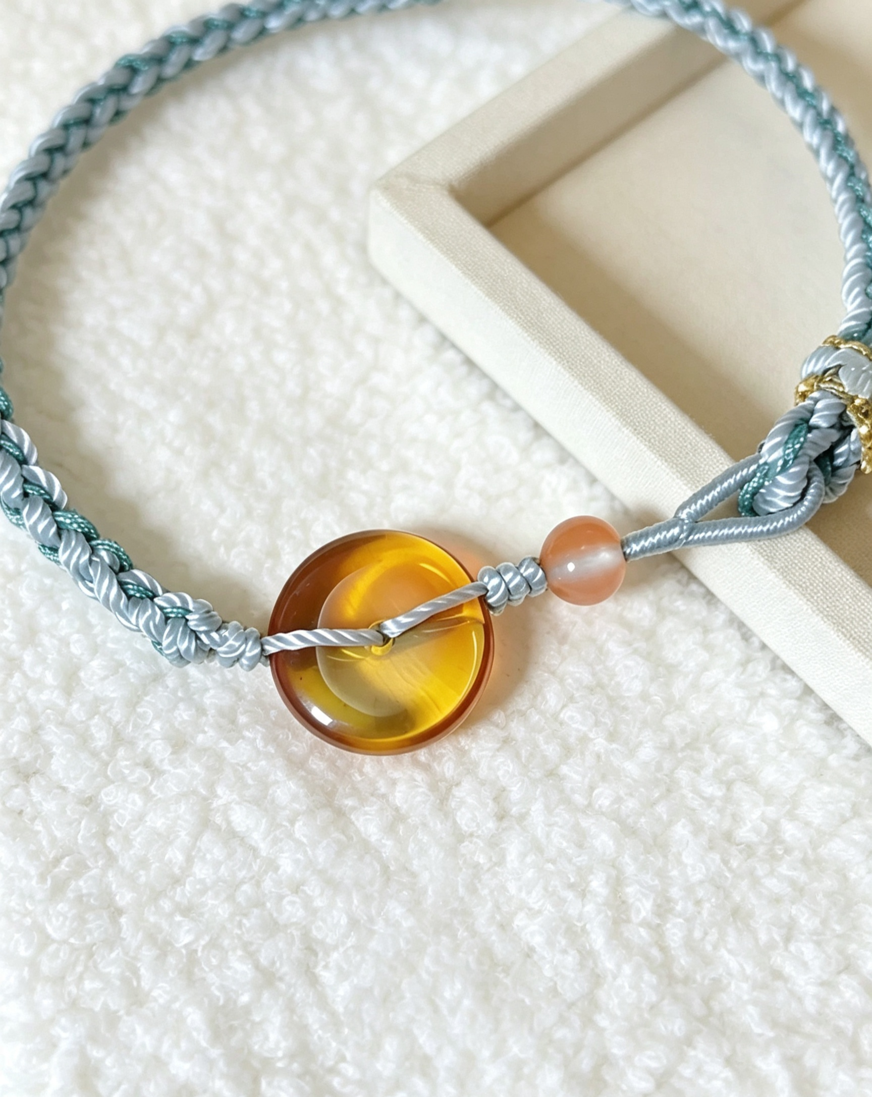 GOOD31 - PREMIUM Good'ness Hand Braided Natural Golden Amber Peace Nugget Charm Beaded Adjustable Bracelet