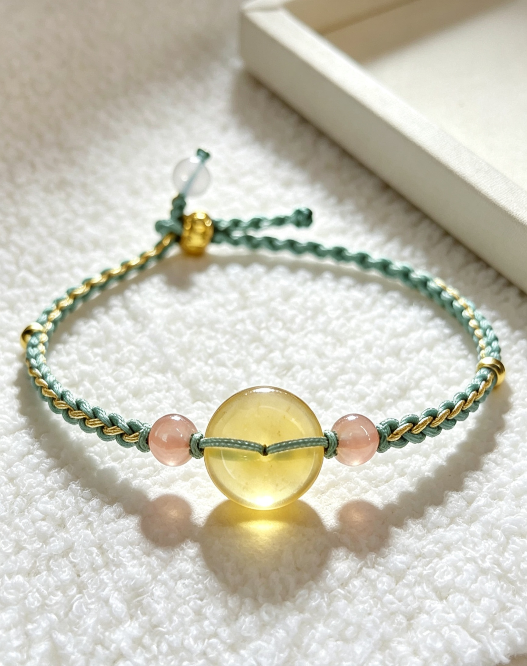 GOOD32- PREMIUM Good'ness Hand Braided Natural Golden Amber Peace Nugget Charm Beaded Adjustable Bracelet