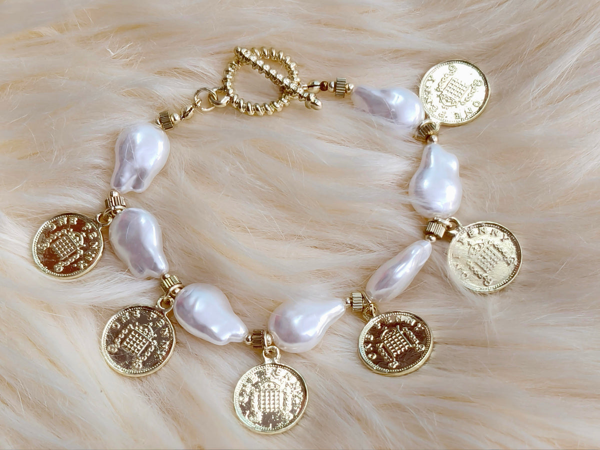 TWOS06- PREMIUM Glass Imitation Baroque Pearl Chain Bracelet