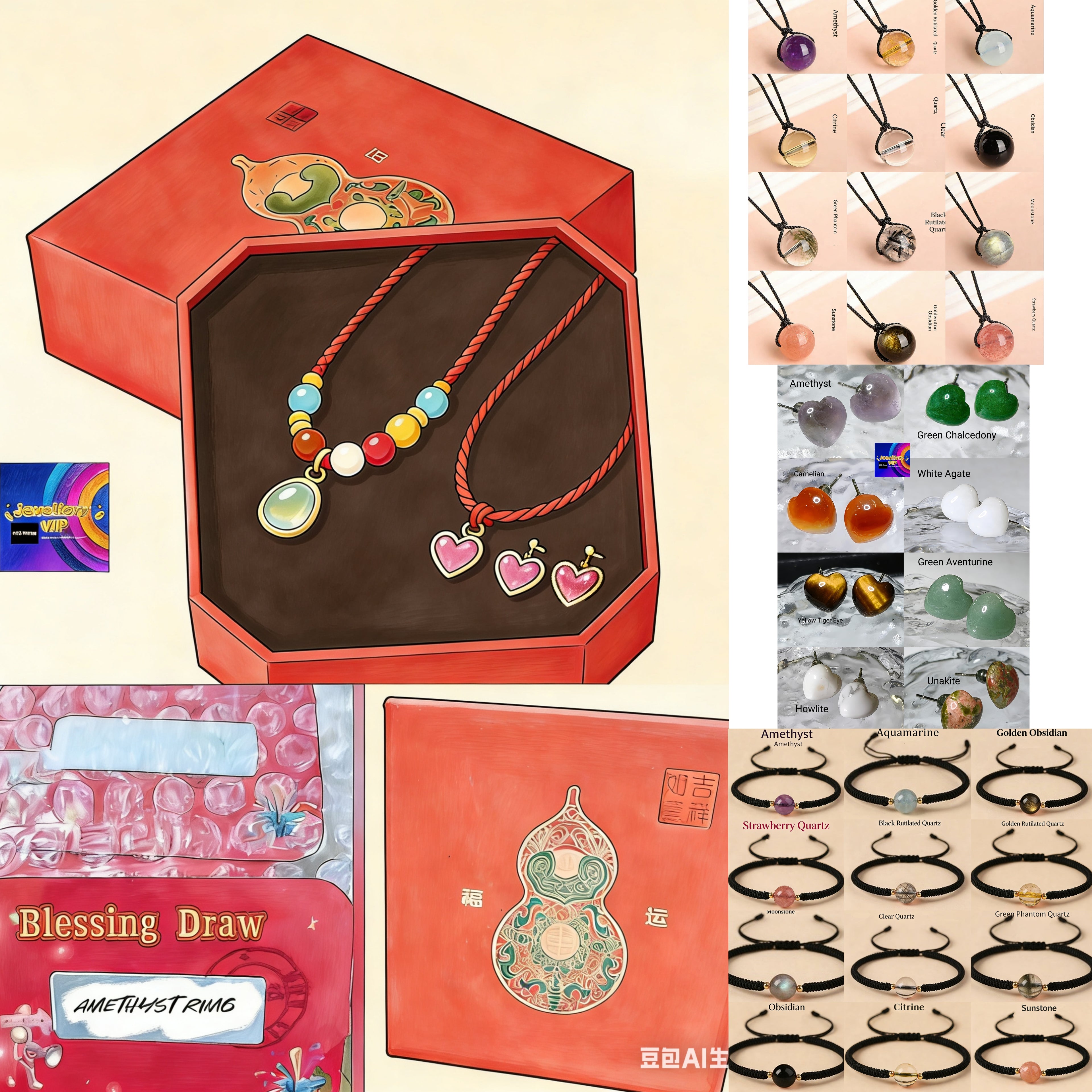 BGM01 PREMIUM Blessed Gourd Natural Crystals Hand Braided Bracelet+Necklace+Ear studs Mystery Jewellery Box Set
