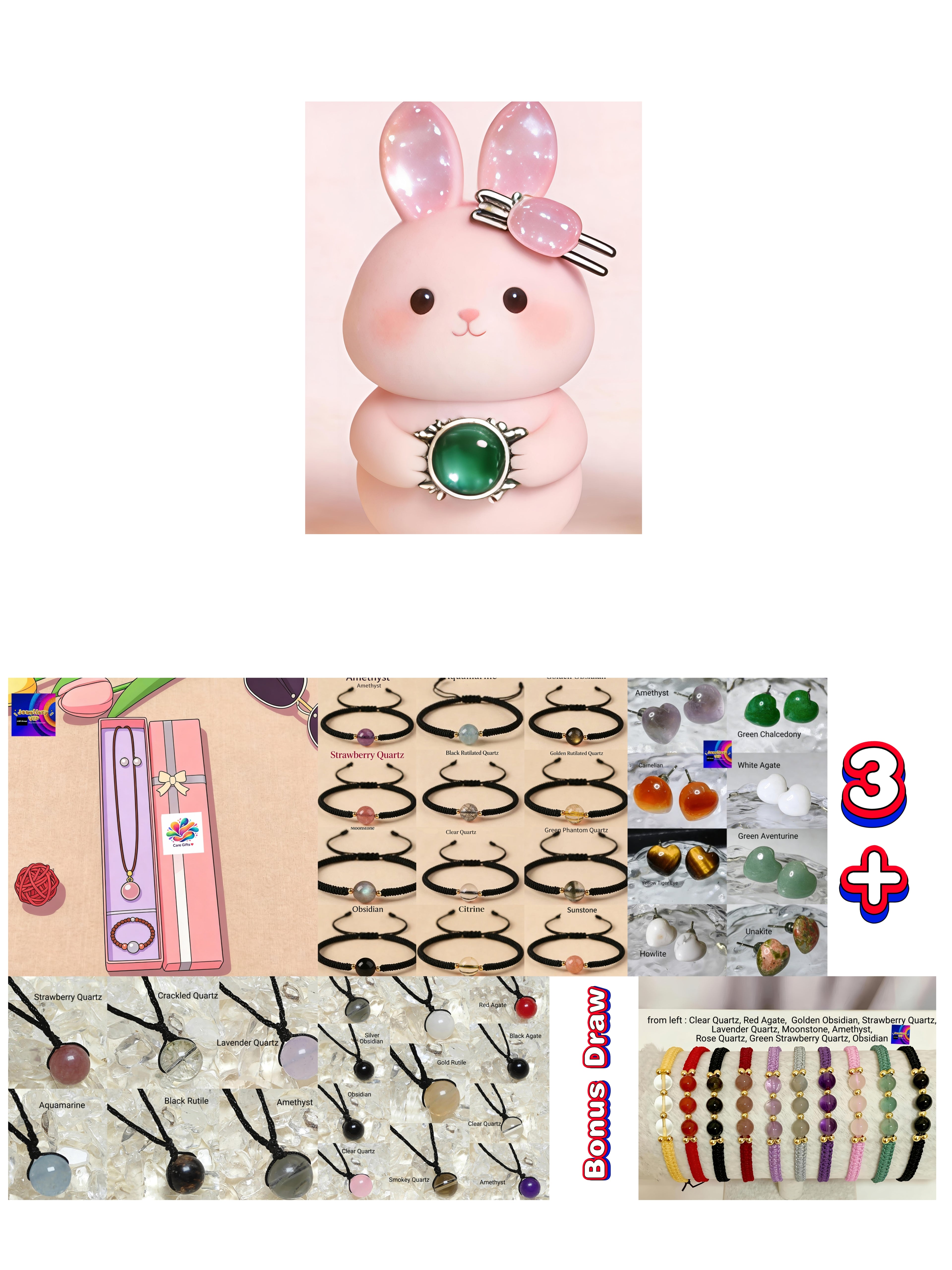 BGM01 PREMIUM Gentle Bit Bit Natural Crystals Hand Braided Bracelet+Necklace+Ear studs Mystery Jewellery Box Set