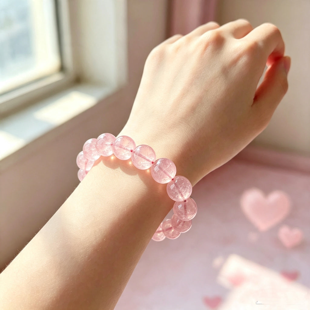 CSL02 Crystal Light PREMIUM Classic Natural Rose Quartz Elastic Bracelet